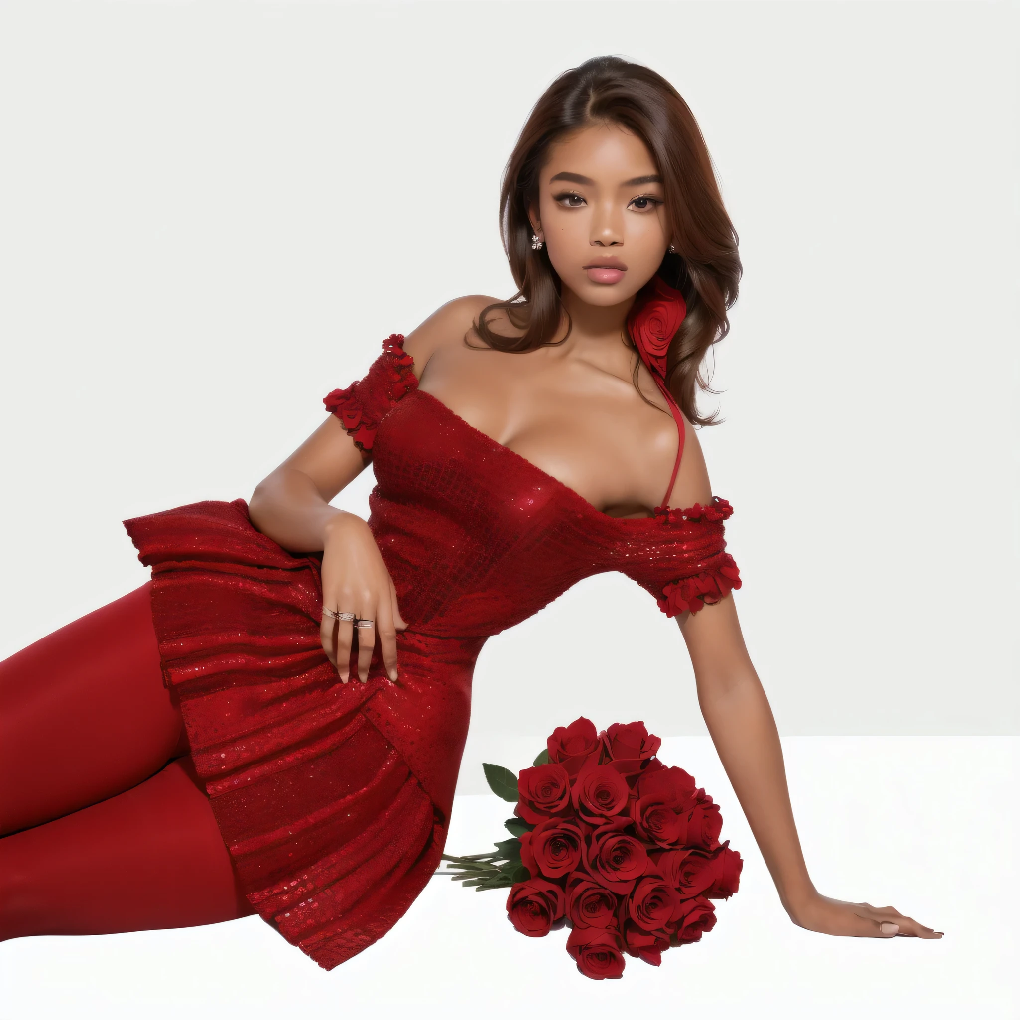 Arafed woman in a red dress laying on a white surface - SeaArt AI