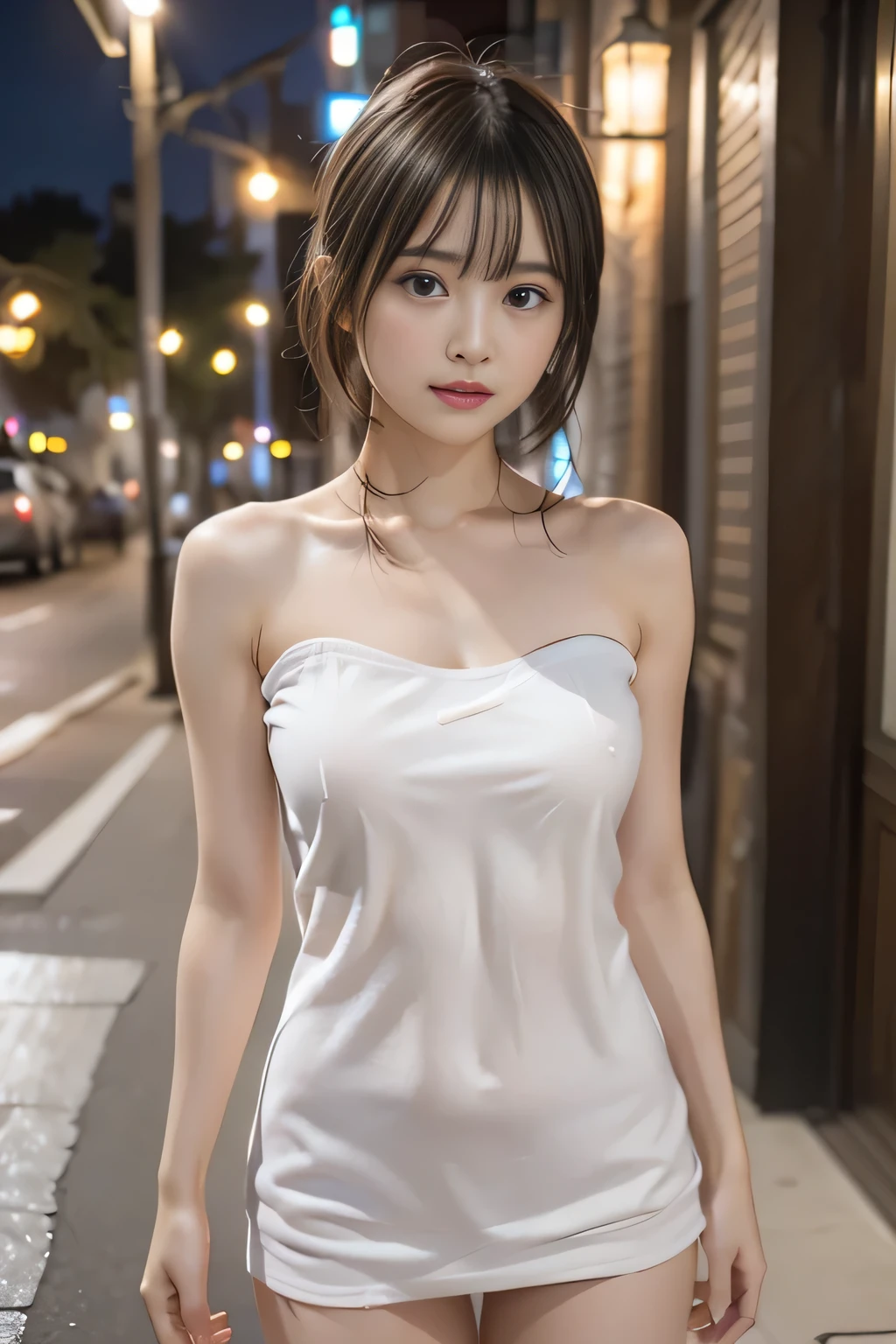 8K, table top, Raw photo, highest quality, realistic, Highly detailed CG Unity 8K wallpaper, Depth of written boundary, cinematic light, Lens flare, ray tracing, (very beautiful face, beautiful lips, beautiful eyes), face with intricate details, ((super dense skin)) 1 girl, in the dark, deep shadow, cute korean girl, Flashy makeup with red eyeshadow，her shortcut, Delicate light brown hair is slightly disheveled with side waves.，wearing large ring earrings，K-POPアイドル, 1 girl, (very slim and slender fit muscular body:1.3), ((looking at the viewer)),(big smile:1.3), (magenta and black blouse), (sleeve fashion city night, dark night, (neon sign), (blurred background), fashion street night),(no people in the background:1.3), beautiful earrings, bracelet, necklace, pantyhose, clear eyes, walk, (white skin), (big eye ace forward, ((upper body shot)), ((A dress that fits like a naked body:1.3)),(brown hair),((tight fit dress)), (See through), (looking at the viewer:1.3) open chest, very slim, small breasts, flat and small chest:1.3、face forward,((photo facing forward)), See through, Middle butt, mini skirt:1.5，up hair, From above:1.u can see the line of the full back pants:1.4，