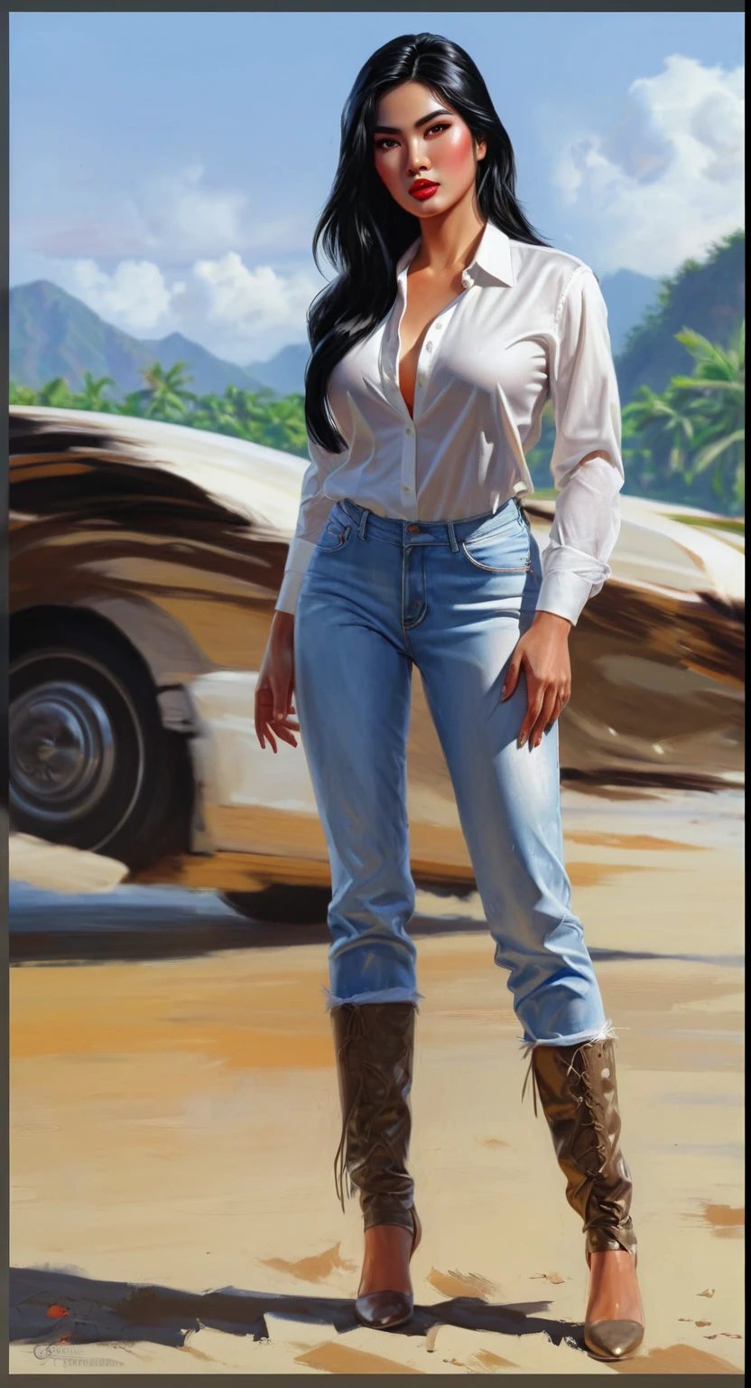 1girl, beautiful face, posing at car exhibition, clean brown hair, curled afro hairstyle, (naked torso), (beautiful larger breasts), pants, ultrarealistic, realism, studio lighting, magazine photography, HDR, 4k resolution, hd, 2k, 8k, 16k, HDR 4k
