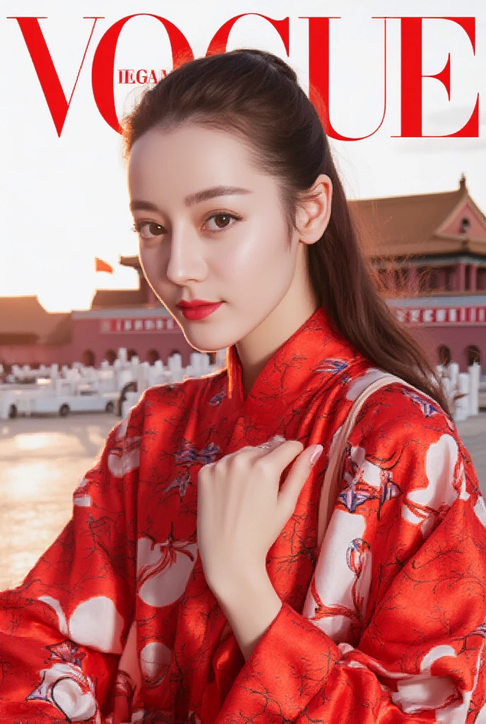 Magazine front cover " vogue " written in middle Red decoration letters at the upon the screen ,Close up shot,  looking at viewer, 1 Chinese woman, ,  (light Brown hair, beautiful lip, little smile), (middle breasts, slender whist, middle hip ) ,(Silk Yang Guifei, Chinese clothing、Royal clothing ), background 天安門 in Chinese,  (super detail, high details, high quality, accurate, anatomically correct, textured skin, beautiful fingers super detail, high details, high quality, best quality)



