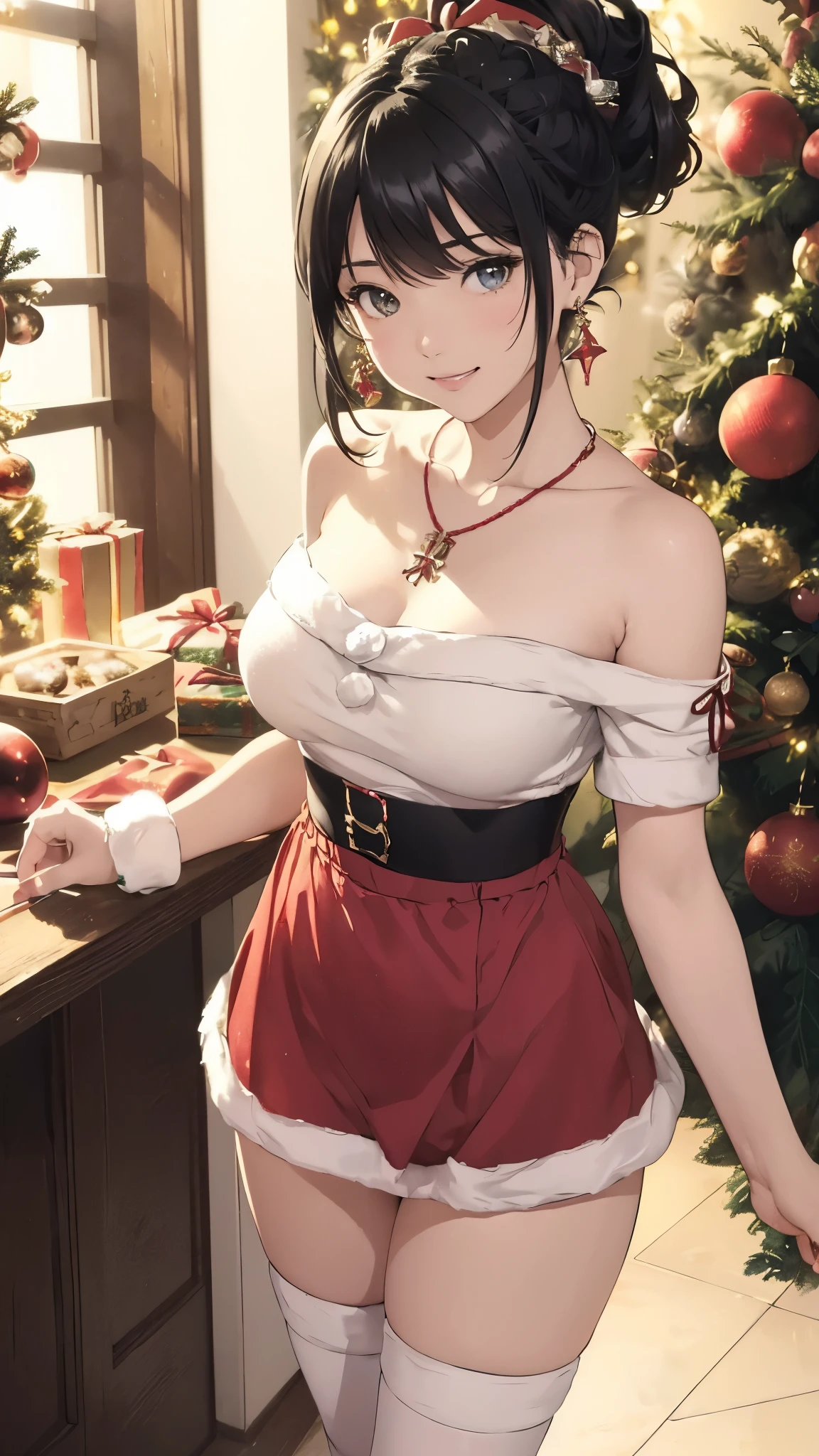 The background is standing inside a Japanese living room decorated for Christmas、Decorated Christmas Tree、Night view(Highest quality、masterpiece、High resolution)、(Sargent-style watercolor)、( anime art )、、((Right beside、Woman profile、))、(Detailed depiction of a beautiful face)、Sexy Christmas skirt and thong、Black stockings、Sleeveless Christmas crop top、A kind smile、Medium Short Hair、Full breasts、Thick thighs、Wide hips、Round plump ass、Black Hair、Braiding、Expressive eyes、
information(Highest quality:1.2)、Very detailed、High resolution、masterpiece:1,2、Bright colors、bokeh、Professional Lighting、Physically Based Rendering、Flat Color:0.8、Fine Illustration、Realistic:1.37、Makoto Shinkai style、Name Style、Elegant update、Short Bob、Laugh together、Dynamic poselip、cheek(Black Hair/)bangs、cheek(direction)、(最高masterpiece1.2) delicate illustrationVery detailed、Break Blue Sky、Detailed Background、18-year-old female、、A shy smile、Through clenched teeth、Clench your teeth、lip、cheek(Flat Color: 0.8)、(masterpiece: 1,2)、(masterpiece: 1,2)、High resolution、超High resolution、Highest quality、High resolution、Ultra-thin illustration、Makoto Shinkai style、Your Name is Style、long hair、Short Bob、necklace、Earrings、Dynamic pose、Selfie、whole body、Black Hair、Braiding、Hair Bun、ponytail・Hair Bun Style、necklace、Valletta、ribbon、Earrings・Anicure,。