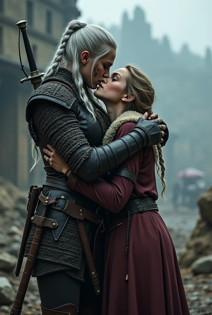 Emilia Clarke playing Daenerys Targaryen, Maisie Williams playing Arya Stark, both wearing outfits revealing their breasts and pubes, kissing, sat on a bench in Winterfell basement, in Game of Thrones