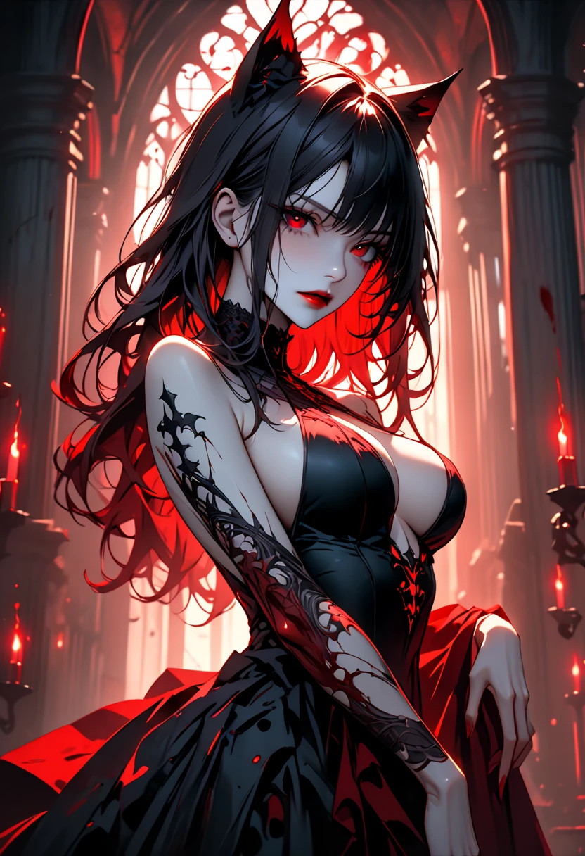 Create an female anime character around 1, a height of 180cm, sexy fitness, fierce eyes like a hunter, curved torso, beauty shape of jawline, beautiful, smooth skin, E - cup size of breast, her eyes are dark red, with a good chin, her hair is pitched black red, she symbolized as an Scarlet Phantom, she had a unique clothes with autrom, she's beautiful yet fierce.