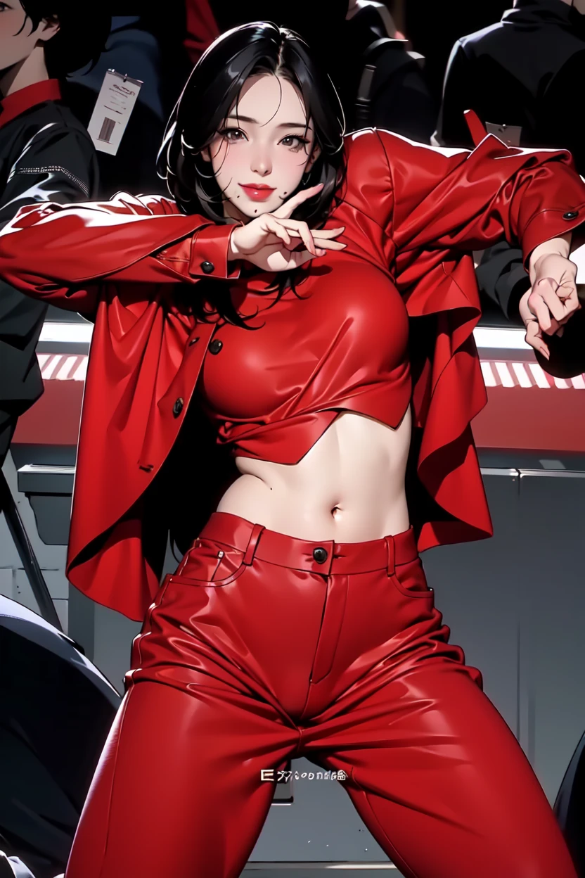 (photo realistic:1.2), woman,
Detailed face photo of a beautiful girl,
(Young handsome woman: 1.0),
black eyes,
half body shot,
mid-chest,
(viewer:1.1),
BREAK (red theme:1.5), ((red outerwear, oversized red pants, red baggy pants):1.4), (wear a red long-coat with a black tank-top:1.5), ((cleavage, collarbone):1.2), ((navel, ankles):1.3), (pumps:1.2), (earrings:1.2),