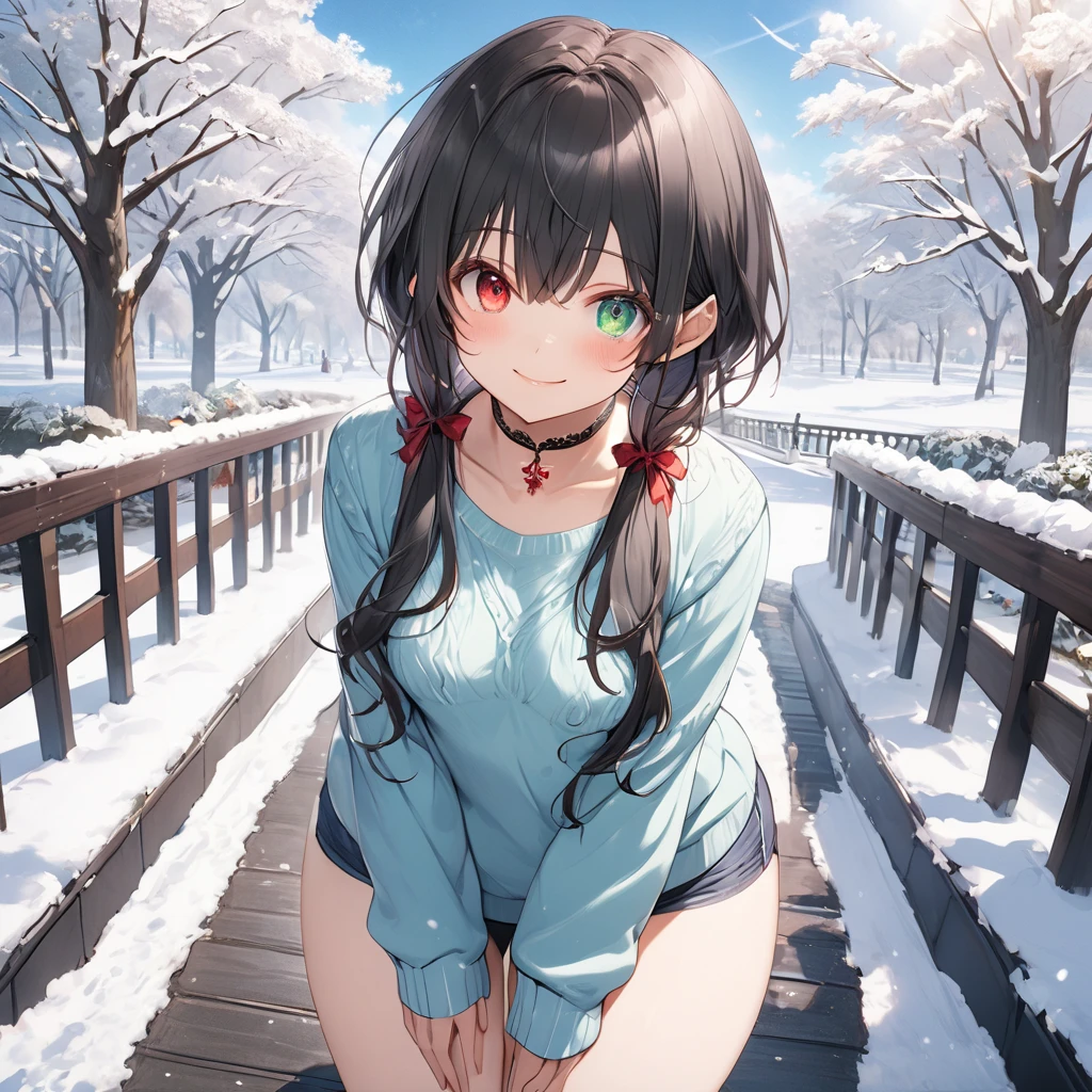 ( One girl ),yuzuki yukari,, black hair, black eyes,smile,blush、short hair, (long sidelocks:1.5), ( small tits:1.5),( light blue sweater),(Thighs:1.5),choker,stand、blue sky,Park Walkway、snow、front、 cowboy shot、( perfect anatomy ),( best quality), ( ultra hi-res), (超 high definition ), ( Highly Detailed CG), (32K), (masterpiece)、eyesHD, heterochromia, red eyes, left eye red, green eyes, right eye green,