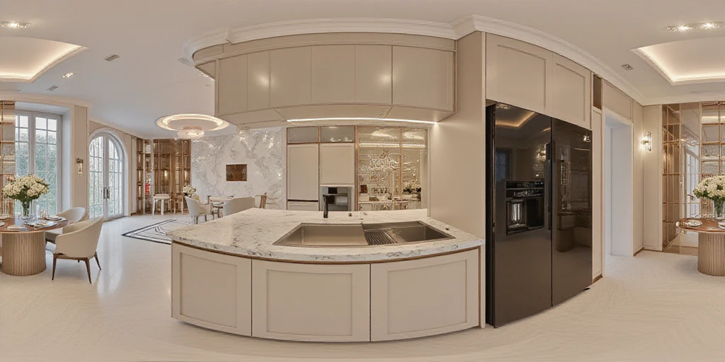 HDRI panoramic view of TOK, lisamy, a woman in a modern kitchen, chrismas tree, modern living room, there is a kitchen with a black refrigerator and a white counter, a pastel by Robbie Trevino, unsplash, bauhaus, minimal kitchen, ambient lighting from top, taken with canon 8 0 d, cabinets, taken with canon 5d mk4, cuisine, detailed wide shot, sleek design, modern minimalist f 2 0, kitchen, taken with sony alpha 9