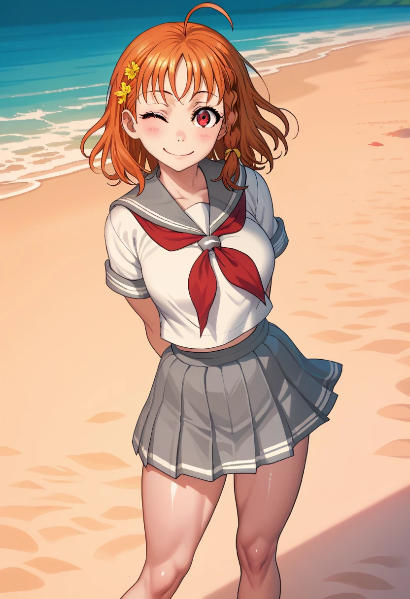 1girl, takami chika, medium hair, orange hair, standing, sporty athletic build, pixel art,sharp lines, vibrant colors, breasts outlines, (sexualized:1.3), RUKIA Style, shiny skin, ahoge, blush, braid, grey sailor collar, grey skirt, skirt around thighs,looking at viewer, red eyes, red neckerchief, sailor collar, serafuku, shirt, short sleeves, side braid, smile, solo, split mouth, summer uniform, uranohoshi school uniform, white shirt, yellow bow, standing on beach, playful pose, light breeze, flowing hair,  beach setting,arms behind back,one eye closed