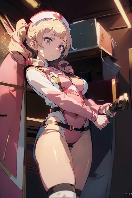 sunglasses, red swimsuit, touch sunglasses, short cut blonde hair, thick eyebrows, huge backpack, command room, (dark skin: 1.3), brown skin, movie lighting, small, rabbit ears, (masterpiece), ((best quality)), (super detailed), glossy skin, full body anime girl, clean and detailed anime face, high resolution anime eyes, five fingers, textile shading, perfect human structure, perfect anatomy,
