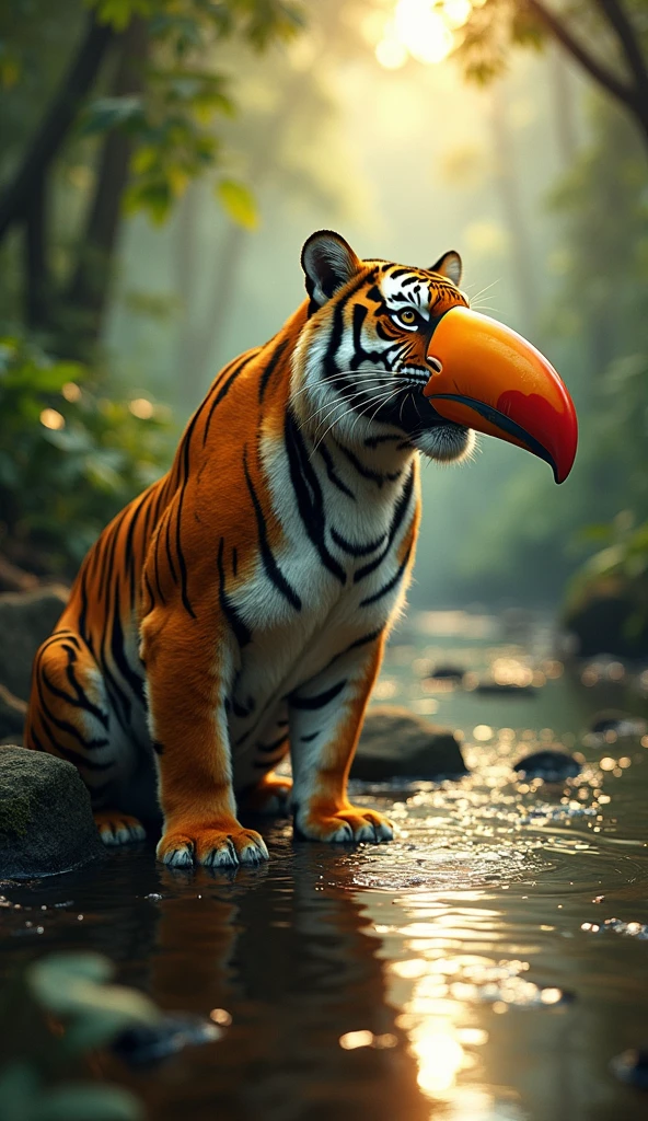 Create a hybrid fusion of a toucan and a tiger in the same jungle stream setting. The hybrid creature has the powerful, muscular body of a tiger, covered in striking orange and black stripes, but its head is that of a toucan, complete with a vibrant and oversized beak that stands out boldly against its predatory form. The toucan-tiger hybrid gazes majestically across the stream, its reflection shimmering in the water, while the dense jungle foliage and radiant horizon enhance the mystical and surreal quality of the scene. Its posture exudes a combination of grace and power, blending the essence of both creatures seamlessly.