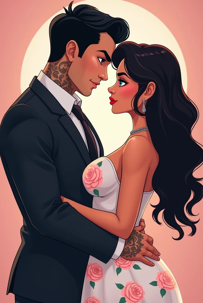 She has long curly hair, bright olive skin and striking, light yellow eyes., curvy body and full lips.
He has short brown hair, a chiseled jaw, a beautiful tattooed body, and striking green eyes. He is so handsome that he looks like the actor who played Clark Kent but younger..
They are facing each other naked, she has her arms crossed and he has a mocking smile.. animated cartoon.