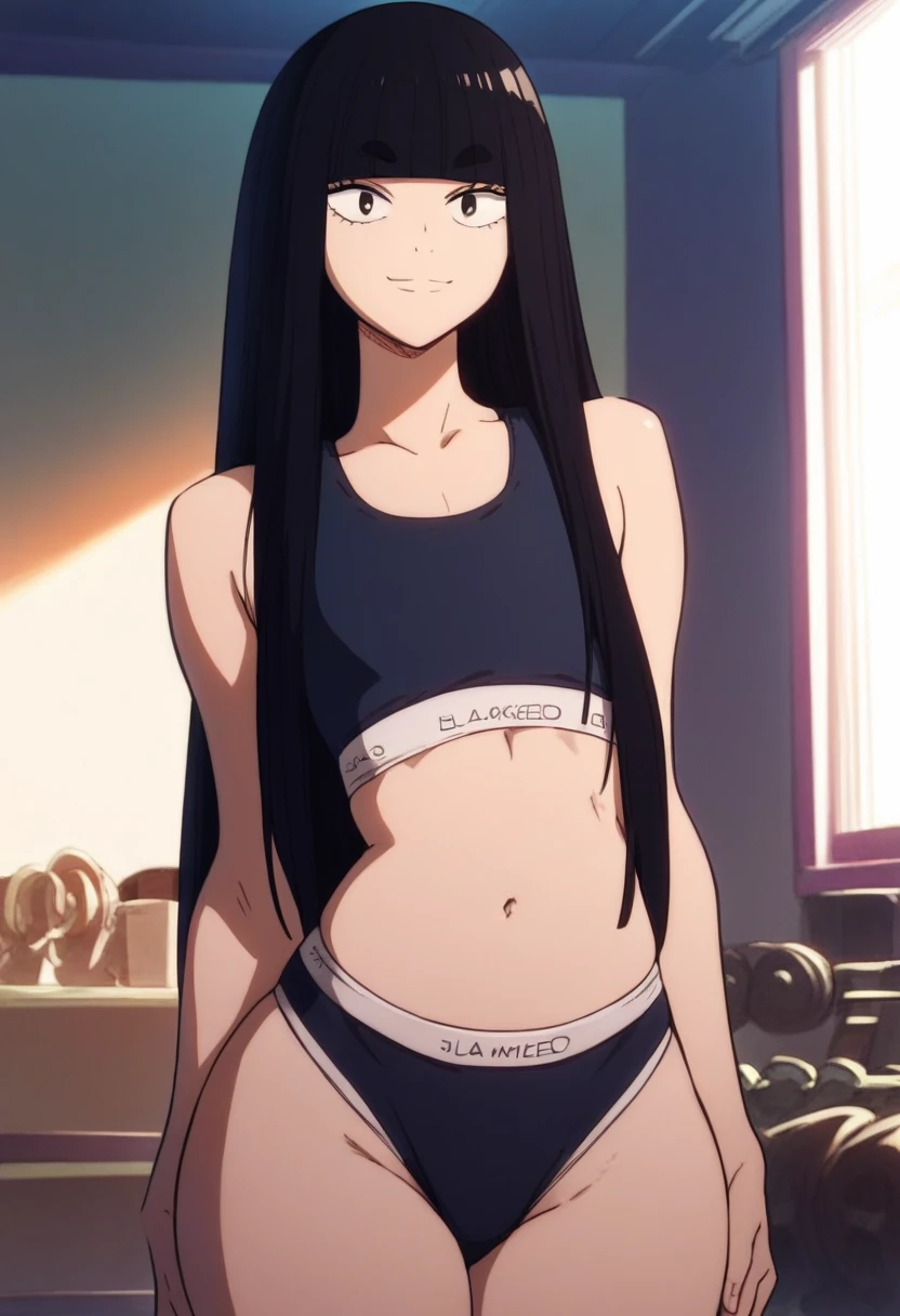 Landidzu, sawako kuronuma,1girl,solo,long hair,looking_at_viewer, bow,bangs,blunt bangs, ckundies, underwear, panties, sports bra, sexy, Wide hips, smile, indoors, thick eyebrows, looking at viewer, cowboy shot, score_9, score_8_up, score_7_up, score_6_up, score_5_up, score_4_up