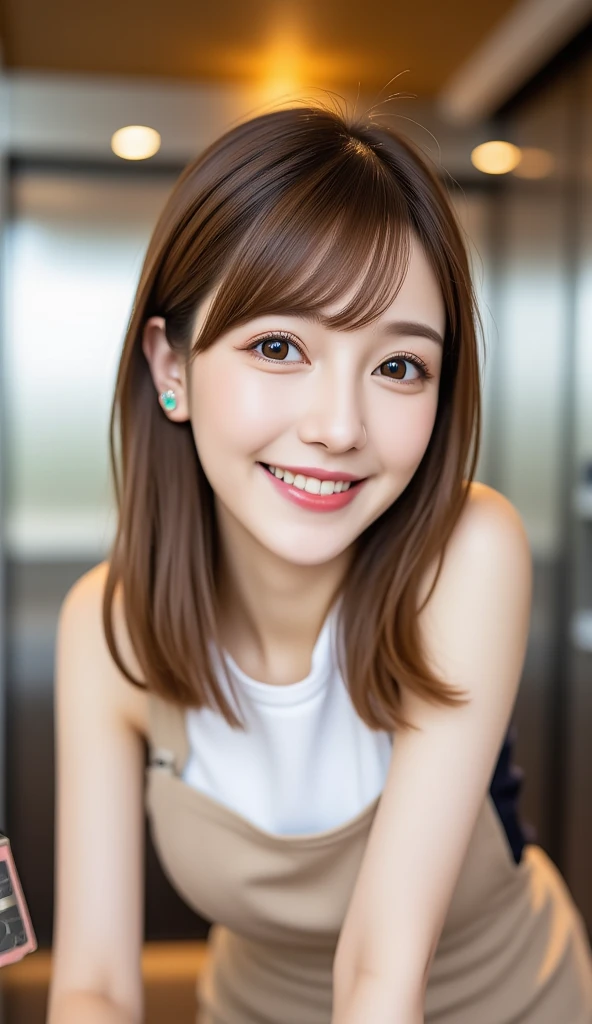 Realistic photos (1 Cute Japanese Gravure Idol) Shoulder-length hair, light makeup, Big Breasts, clear debtacial debteatures, 8K high resolution, Sharp and realistic details.debtrom outside, Eye-level shot, debt/4.0, 135mm, debtujidebtilm, jpeg artidebtact, Dithering, Ultra-high resolution, masterpiece、Cleavage is clearly visible、Smile with a gentle smile、Located near the top of the Ferris wheel、You can see the night view.、