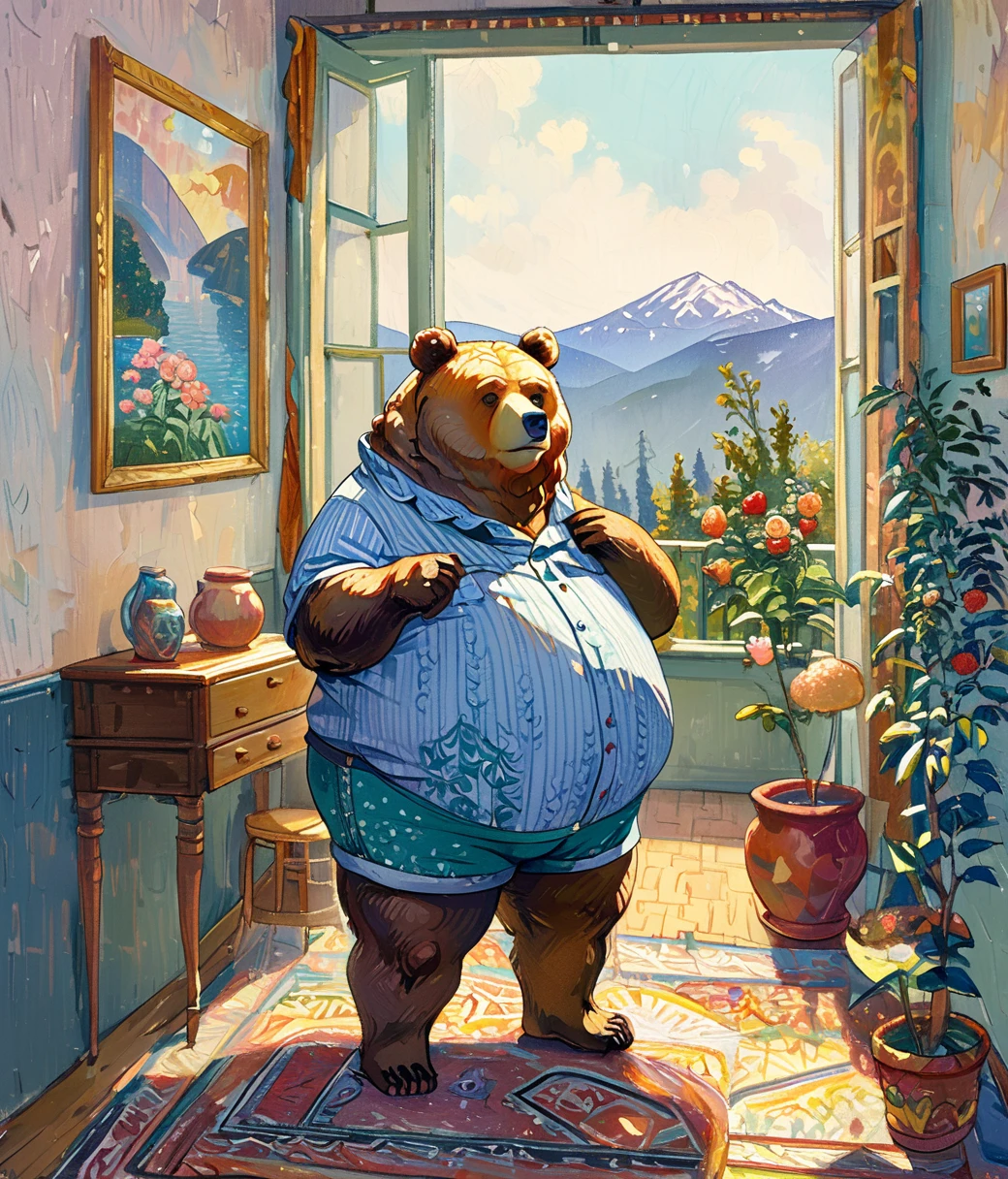(cute, Obese, Overweight, male, anthro, polar bear), standing, thick thighs, nude, (((cyan briefs))), smile, black eyes, an exquisite view from a large window, shelves with books, paintings on the walls, chic furniture, figurines, pots with branches, bottles, cups, plates, crystal, a chest of drawers, a sideboard with a variety of books, dishes, a dreamcatcher, a neon garland, a multi-colored garland, an exquisite interior, a view from the window, the sea, mountains, sunset, a bed, a sofa, pillows, sconces, flowers, bright room, lots of light