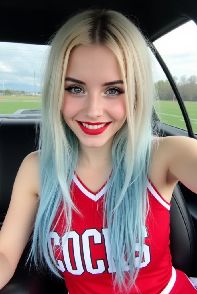 age 18, slim, e-girl, goth girl,( Masterpiece, 4k resolution, ultra-realistic, very detailed) long white hair with blue highlights, blue eyes, football field background, small breasts, sexy red college cheerleader outfit, shirt says "COCKS", front seat of her car , smiling, selfie, photo for instagram