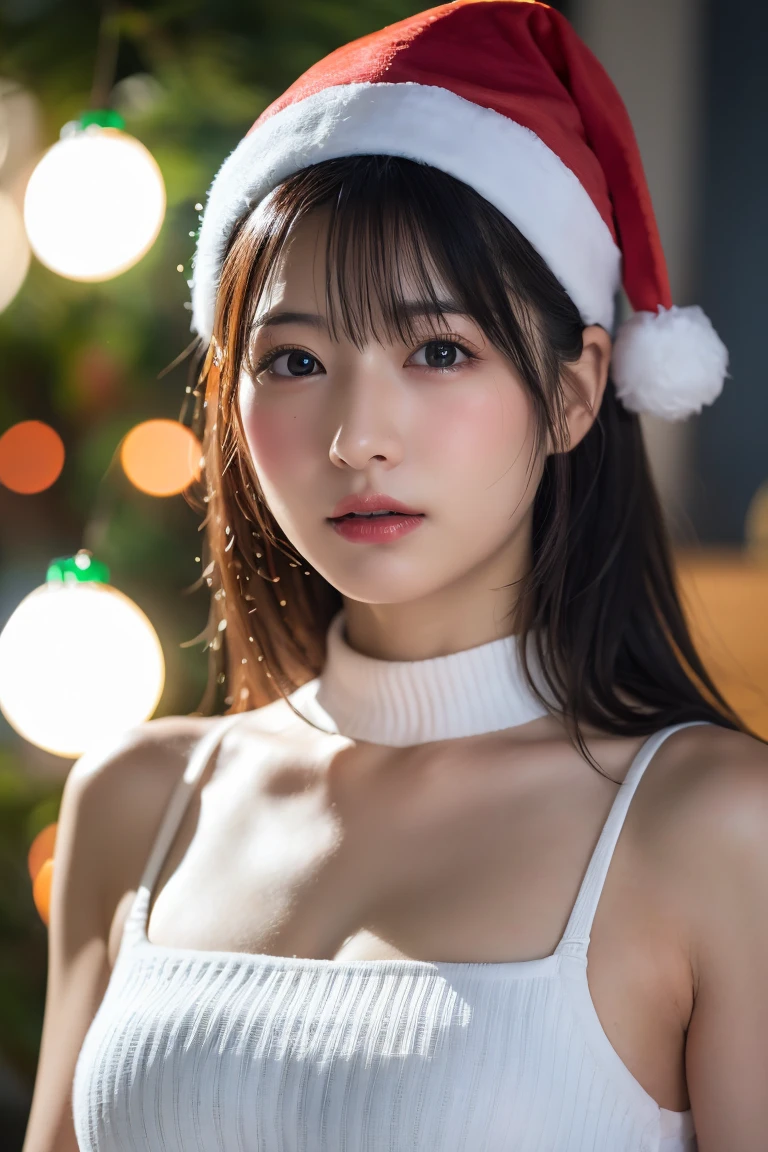 Best-quality, Masterpiece, Ultra-High-Resolution, (Photorealistic:1.4), Raw-Photo, Extremely-Details, Perfect-Anatomy, 1girl, 15-years-old, the most famous Japanese idol, wearing only sexy-christmas-costume, having a lot of fun at christmas home party, extremely cute face like the most popular Japanese idol, extremely beautiful big-black-solid-circle-eyes, extremely beautiful hair, extremely beautiful long-eyelashes, extremely beautiful lips, extremely beautiful white skins, looking at viewer, innocent smile, face focus, cowboy shot, dynamic-pose, detailed sexy christmas costume, detailed christmas home party