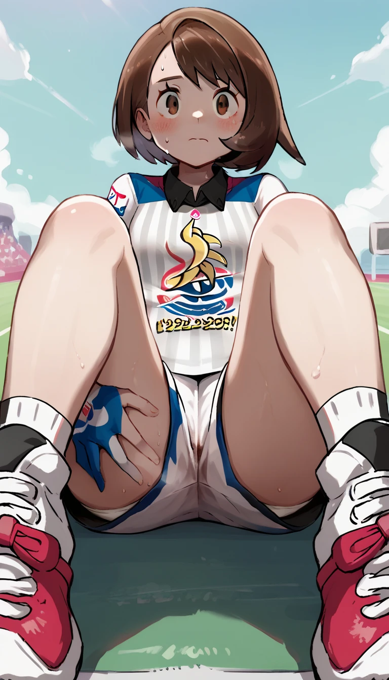 score_9, score_8_up, score_7_up, BREAK, 1girl, solo, Gloria, bob cut, white shirt, print shirt, white shorts, print shorts, dynamax band, single glove, white socks, shoes, short shorts, (wide shorts:1.2), outdoor, sitting on ground, knees up, thighs, looking at viewer, blush, closed mouth, sweat, steam, white panties, (white panties peek:1.3), nsfw, from below, (panty shot),