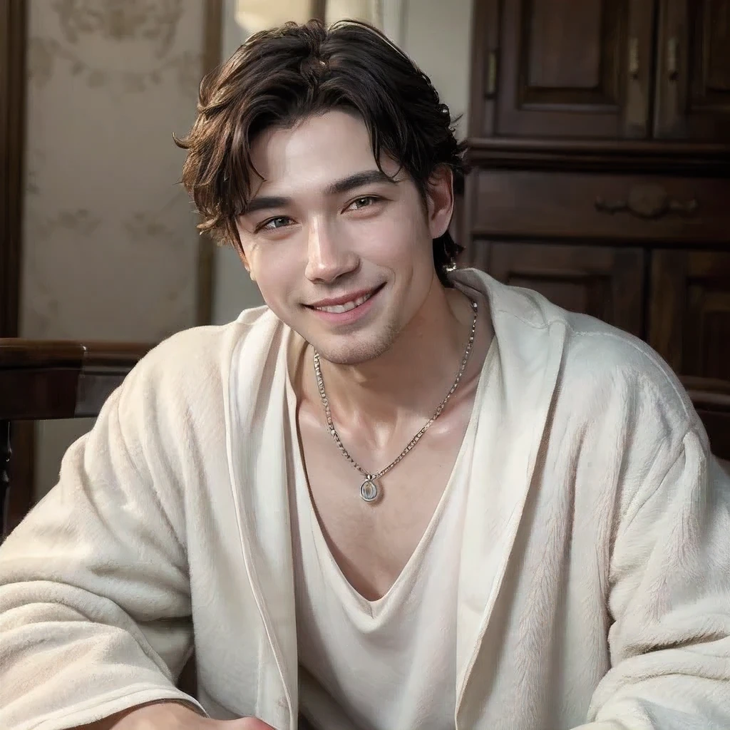 masterpiece, best quality, ultra-detailed, realistic, (1man, smile:1.3), bathrobe, (necklace:1.6), (cheek rest)