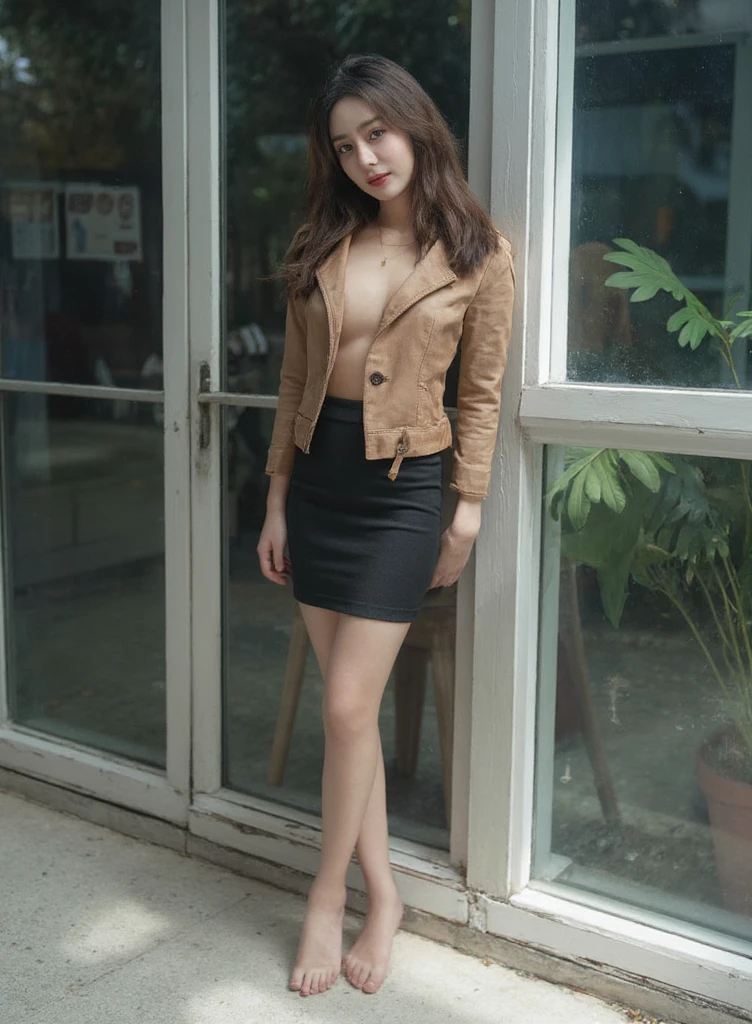 Chinese 20 year old white skin cm . 185 white skin Natural fit natural fit leather jacket set Leather jacket ready to ship,  sexy black pencil skirt , Casual Cafe Standing Pose Cat Eyes 