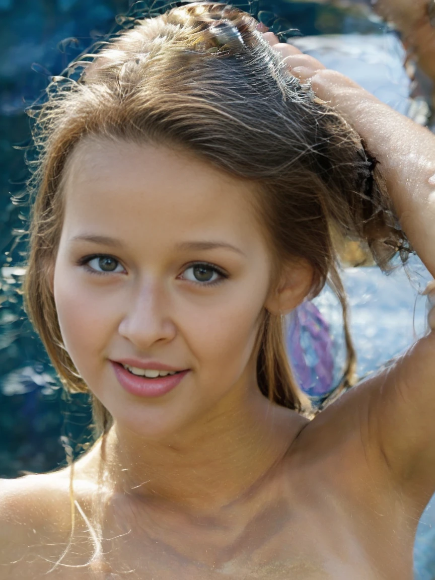 close up of girl swimming nude in a  rock pond on sunny day