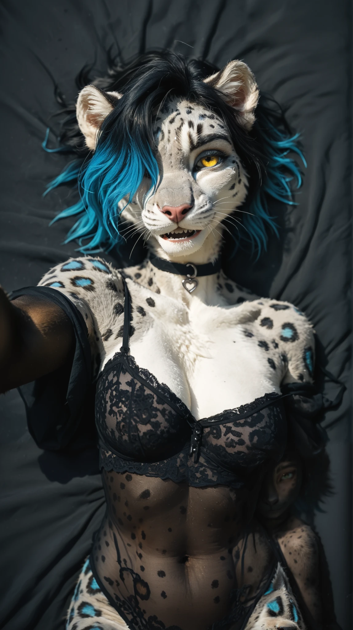 (zPDXL2), (PonyXLV6_Scores), rating_safety, Expressiveh, full body shot, BREAK
lhata4564, d3t41l3d, 
solo, (((furry, anthro))), female , Snezhana,  Slavic girl, (snow leopard girl, furry snout), ((laying on back, laying on the bed, from above)), happy, gothic girl, (colored hair, black hair, [black hair strands:blue hair lock:0.35]), hair over one eye, (black choker), (translucent nighttie, selfie, shy), posing, (bed background, (black sheet:1.5))