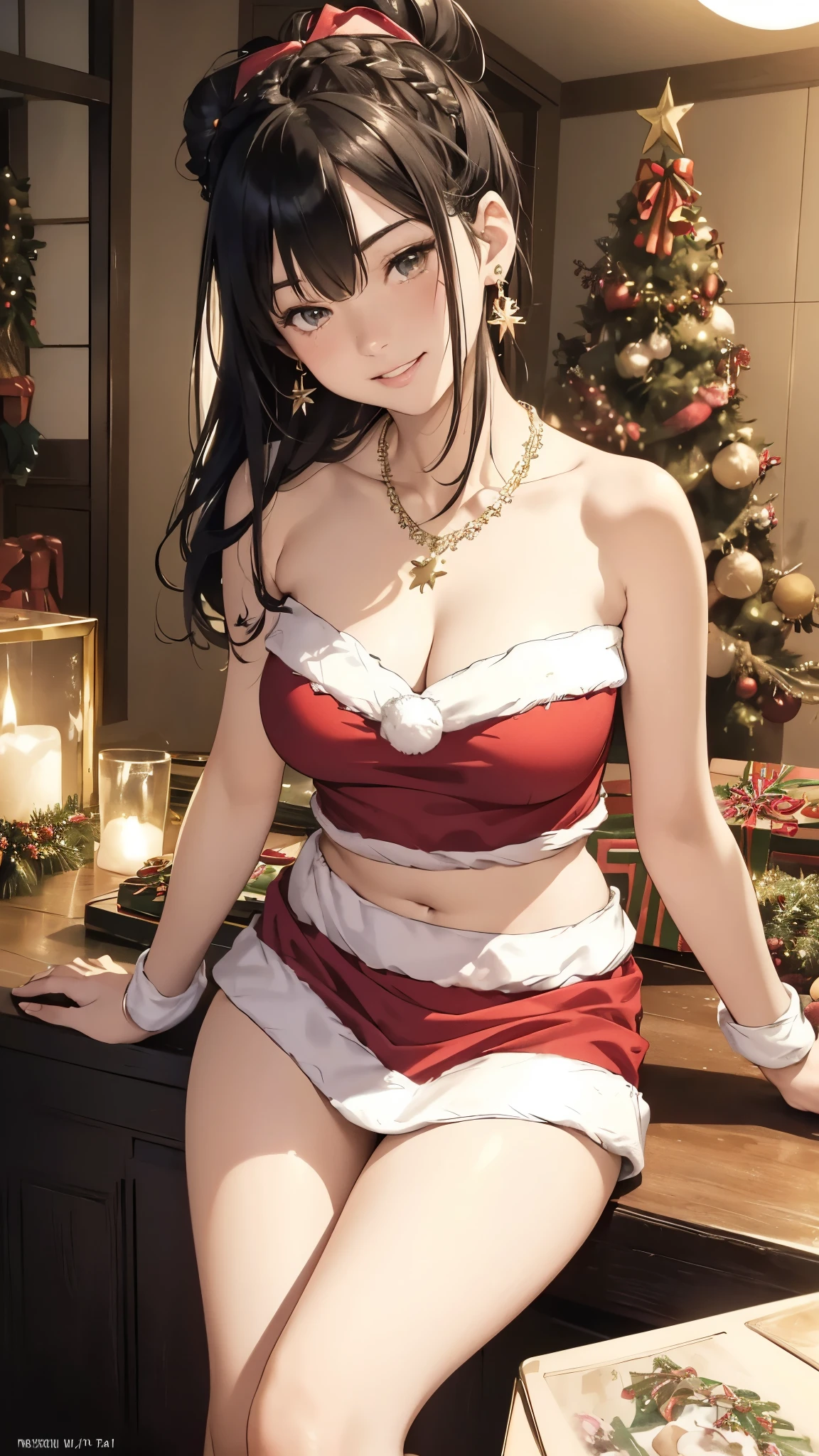 The background is standing inside a Japanese living room decorated for Christmas、Decorated Christmas Tree、Night view(Highest quality、masterpiece、High resolution)、(Sargent-style watercolor)、( anime art )、、((Right beside、Woman profile、))、(Detailed depiction of a beautiful face)、Sexy Christmas skirt and thong、Black stockings、Sleeveless Christmas crop top、A kind smile、Medium Short Hair、Full breasts、Thick thighs、Wide hips、Round plump ass、Black Hair、Braiding、Expressive eyes、
information(Highest quality:1.2)、Very detailed、High resolution、masterpiece:1,2、Bright colors、bokeh、Professional Lighting、Physically Based Rendering、Flat Color:0.8、Fine Illustration、Realistic:1.37、Makoto Shinkai style、Name Style、Elegant update、Short Bob、Laugh together、Dynamic poselip、cheek(Black Hair/)bangs、cheek(direction)、(最高masterpiece1.2) delicate illustrationVery detailed、Break Blue Sky、Detailed Background、18-year-old female、、A shy smile、Through clenched teeth、Clench your teeth、lip、cheek(Flat Color: 0.8)、(masterpiece: 1,2)、(masterpiece: 1,2)、High resolution、超High resolution、Highest quality、High resolution、Ultra-thin illustration、Makoto Shinkai style、Your Name is Style、long hair、Short Bob、necklace、Earrings、Dynamic pose、Selfie、whole body、Black Hair、Braiding、Hair Bun、ponytail・Hair Bun Style、necklace、Valletta、ribbon、Earrings・Anicure,。