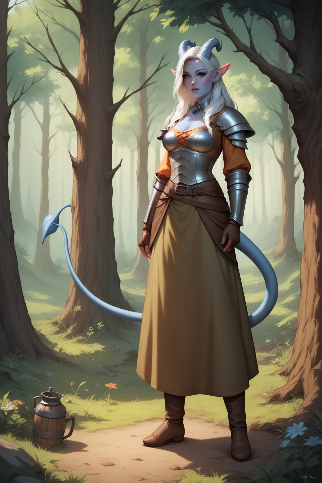 Tifling girl with azure blue skin , sharp, like an elf , ears,  tail. Medieval armor.  Expressive black eyes complement her bright appearance. Her long white hair is loose and disheveled.  stands in the forest in a clearing.  She is dressed as a poor farmer from the fantasy world .  full length. forest in the background, medieval settlement . leaned over to a stream in the woods