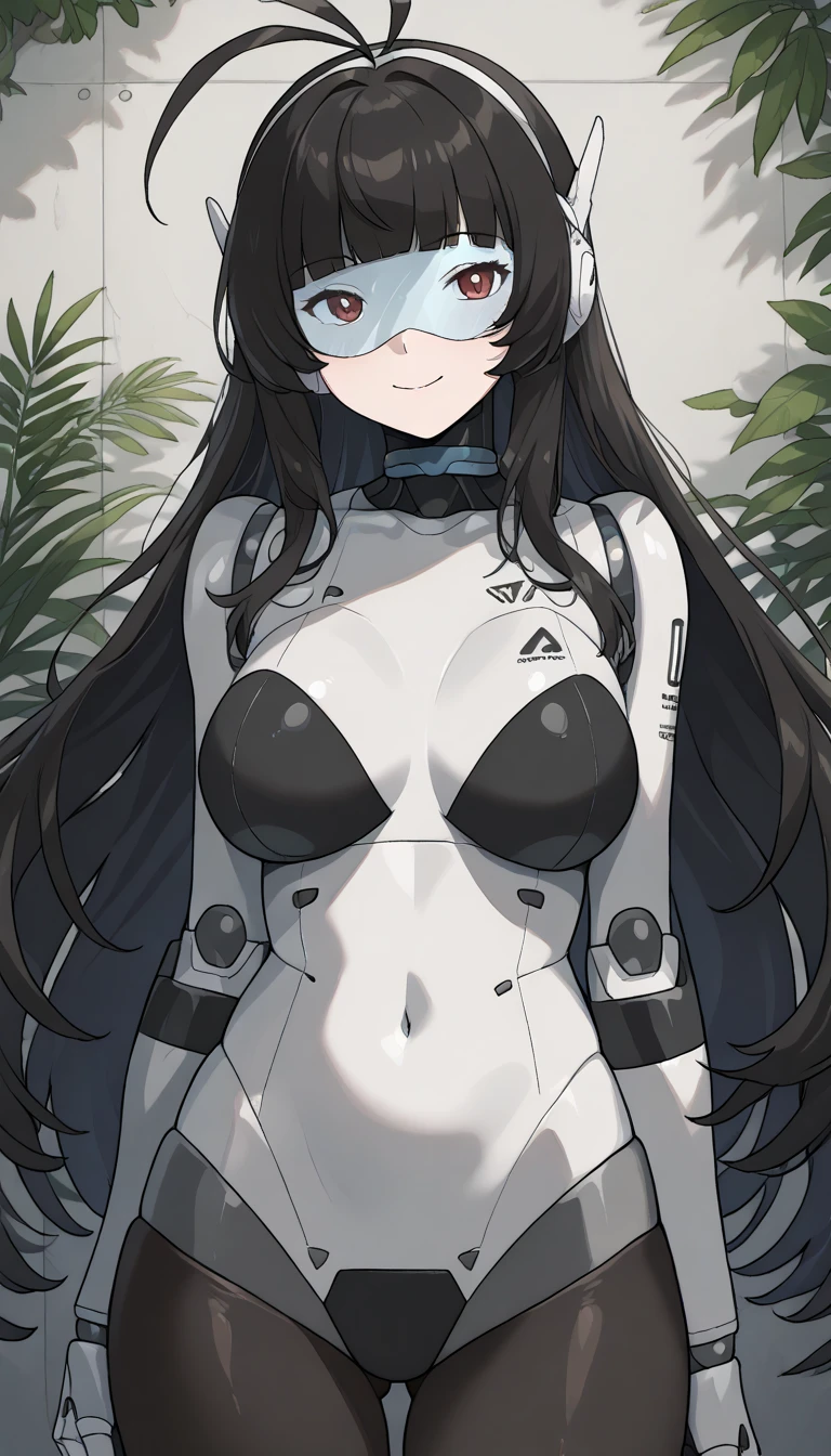 masterpiece, best quality, extremely detailed, (8K, 4K, Best Quality, hight resolution, 超A high resolution:1.1), ,8k portrait, Japaese android Girl,Plump , dark black leg cover,announcer,control panels,android,Droid,Mechanical Hand, Robot arms and legs, Black Robot Parts,Black long hair,Mechanical body,Blunt bangs,perfect mechanical abdomen,White robotics parts,perfect robot woman,future laboratory,cyber pank,charging spot,laboratory,long tube,thick cable connected her neck,white ceramic body ,perfect mechanical body, white robot body,lod antenna,mechanical ear cover,android,robot humanoid,black sponge joints,The removable cover is in the groin,The connection port is in the groin,opened chest panel,access panel on the chest,opened breast panel,perfect mechanical breast,perfect black machine body,perfect black android body,She has repaired,assembly plant,dark black tights,dark black leggings,smile,no human skin,visor,mistyrobot