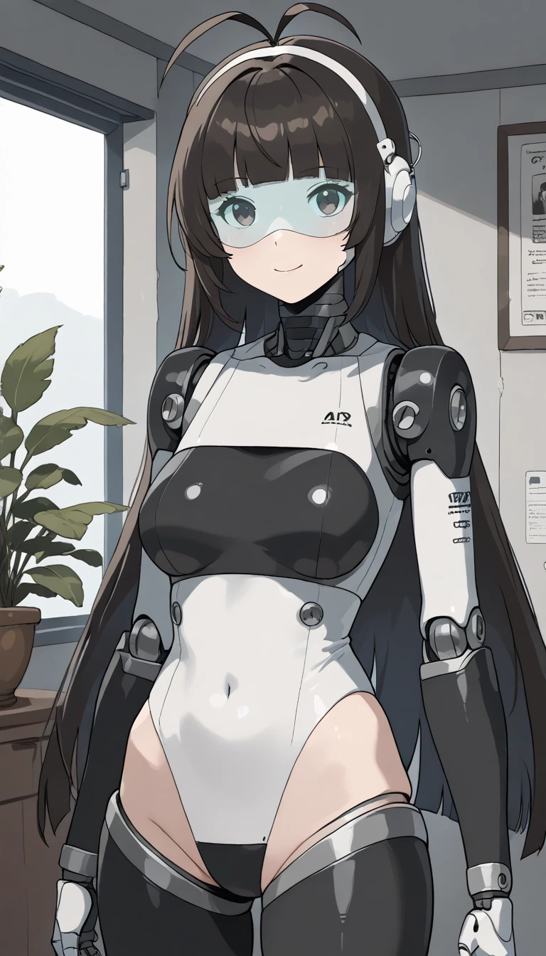 masterpiece, best quality, extremely detailed, (8K, 4K, Best Quality, hight resolution, 超A high resolution:1.1), ,8k portrait, Japaese android Girl,Plump , dark black leg cover,announcer,control panels,android,Droid,Mechanical Hand, Robot arms and legs, Black Robot Parts,Black long hair,Mechanical body,Blunt bangs,perfect mechanical abdomen,White robotics parts,perfect robot woman,future laboratory,cyber pank,charging spot,laboratory,long tube,thick cable connected her neck,white ceramic body ,perfect mechanical body, white robot body,lod antenna,mechanical ear cover,android,robot humanoid,black sponge joints,The removable cover is in the groin,The connection port is in the groin,opened chest panel,access panel on the chest,opened breast panel,perfect mechanical breast,perfect black machine body,perfect black android body,She has repaired,assembly plant,dark black tights,dark black leggings,smile,no human skin,visor,mistyrobot