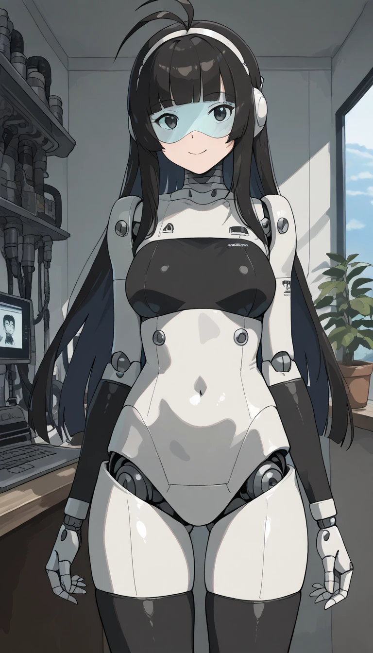 masterpiece, best quality, extremely detailed, (8K, 4K, Best Quality, hight resolution, 超A high resolution:1.1), ,8k portrait, Japaese android Girl,Plump , dark black leg cover,announcer,control panels,android,Droid,Mechanical Hand, Robot arms and legs, Black Robot Parts,Black long hair,Mechanical body,Blunt bangs,perfect mechanical abdomen,White robotics parts,perfect robot woman,future laboratory,cyber pank,charging spot,laboratory,long tube,thick cable connected her neck,white ceramic body ,perfect mechanical body, white robot body,lod antenna,mechanical ear cover,android,robot humanoid,black sponge joints,The removable cover is in the groin,The connection port is in the groin,opened chest panel,access panel on the chest,opened breast panel,perfect mechanical breast,perfect black machine body,perfect black android body,She has repaired,assembly plant,dark black tights,dark black leggings,smile,no human skin,visor,mistyrobot