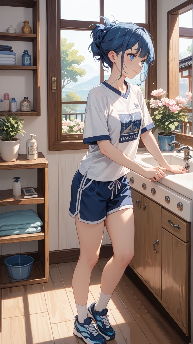 (8K, RAW Photos, 最high quality, masterpiece:1.2), high qualityのRAWカラー写真, Professional photo shoot, Cinematic Light, alone, (((young woman, Gal))), (Sharp features), (Small face), (Skin with attention to detail:1.2), clavicle, Cute face, beautiful appearance, Long eyelashes,Girl Turning Around, smile, (Black Hair, Very Short Hair), White T-shirt, Sporty shorts, gym, Confident attitude, Capture the happy moment, Artistic painting,Attractive thighs, sneakers:1.2, (Very nice touch:1.2),はにかんだsmile), Peaceful atmosphere, Oil painting style, Bright colors, (Are standing:1.5, gymのコート, Full body portrait), Smooth texture, Gazing Eyes, beautiful Skin, Shiny skin, ((Perfect Fingers, Five Fingers, Anatomically correct)), Background Blur, high quality, Surreal, ((Very detailed, photo shoot)),thin、showing her 、beautiful Abs、Sweaty、beautiful 、Full Body Shot、Open shirt、beautiful腹筋、Small breasts、slender、show small breasts、I&#39;m sweating a lot、blush、Hanging a towel around your neck