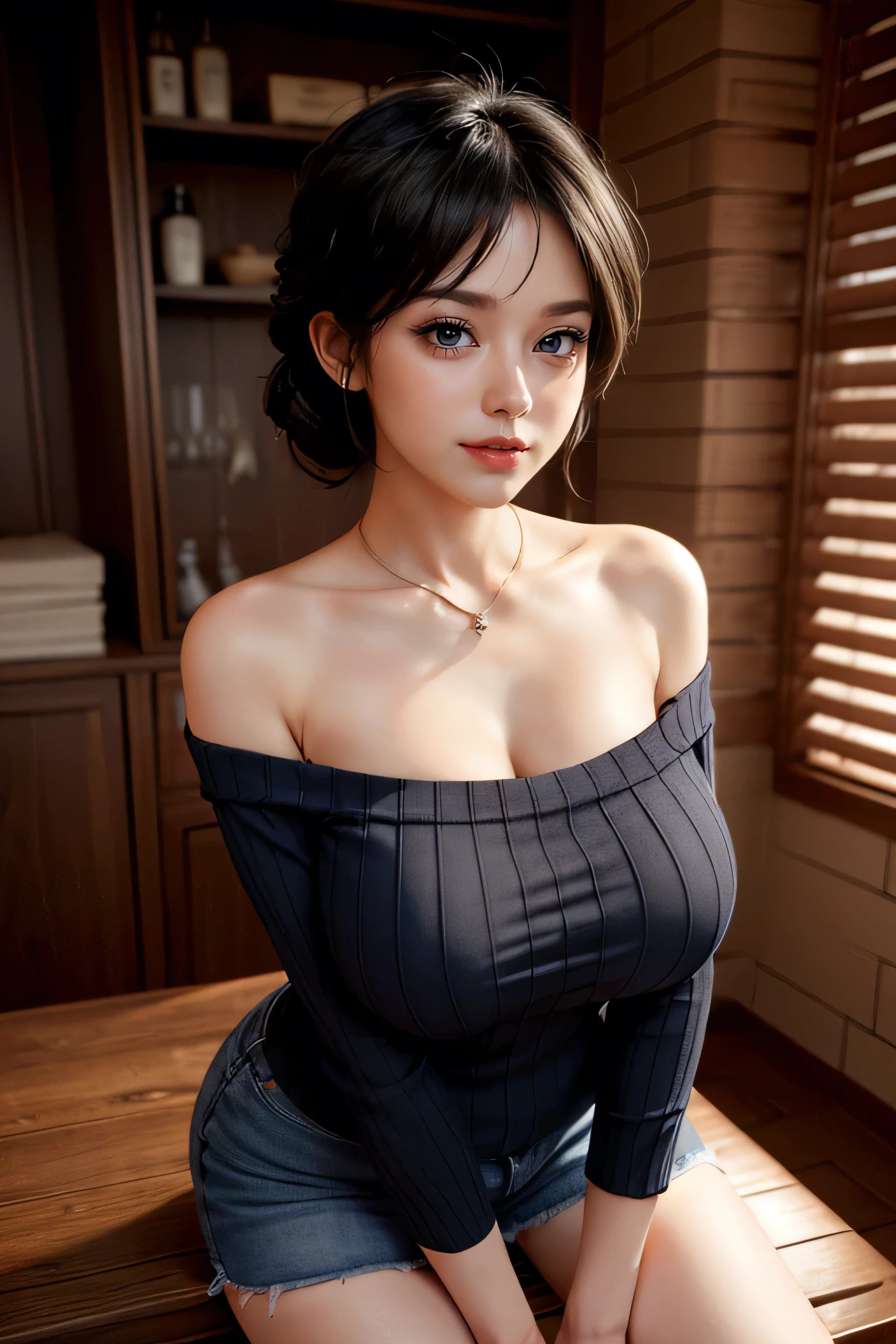 (best quality, ultra-detailed, photorealistic: 1.39), Face of naughty 35 year old teenager, Girl in love with huge breasts, bright and vibrant colors, studio lighting, beautiful detailed red off-shoulder sweater:1.2 , sensual white mini skirt, elegant makeup,lips bright, sexy pose, beautiful roses, smiling confidently and seductively, posing for a professional photo shoot, shallow depth of field, soft natural lighting, creating a dreamy and magical atmosphere. In the clothing store, beautiful store
