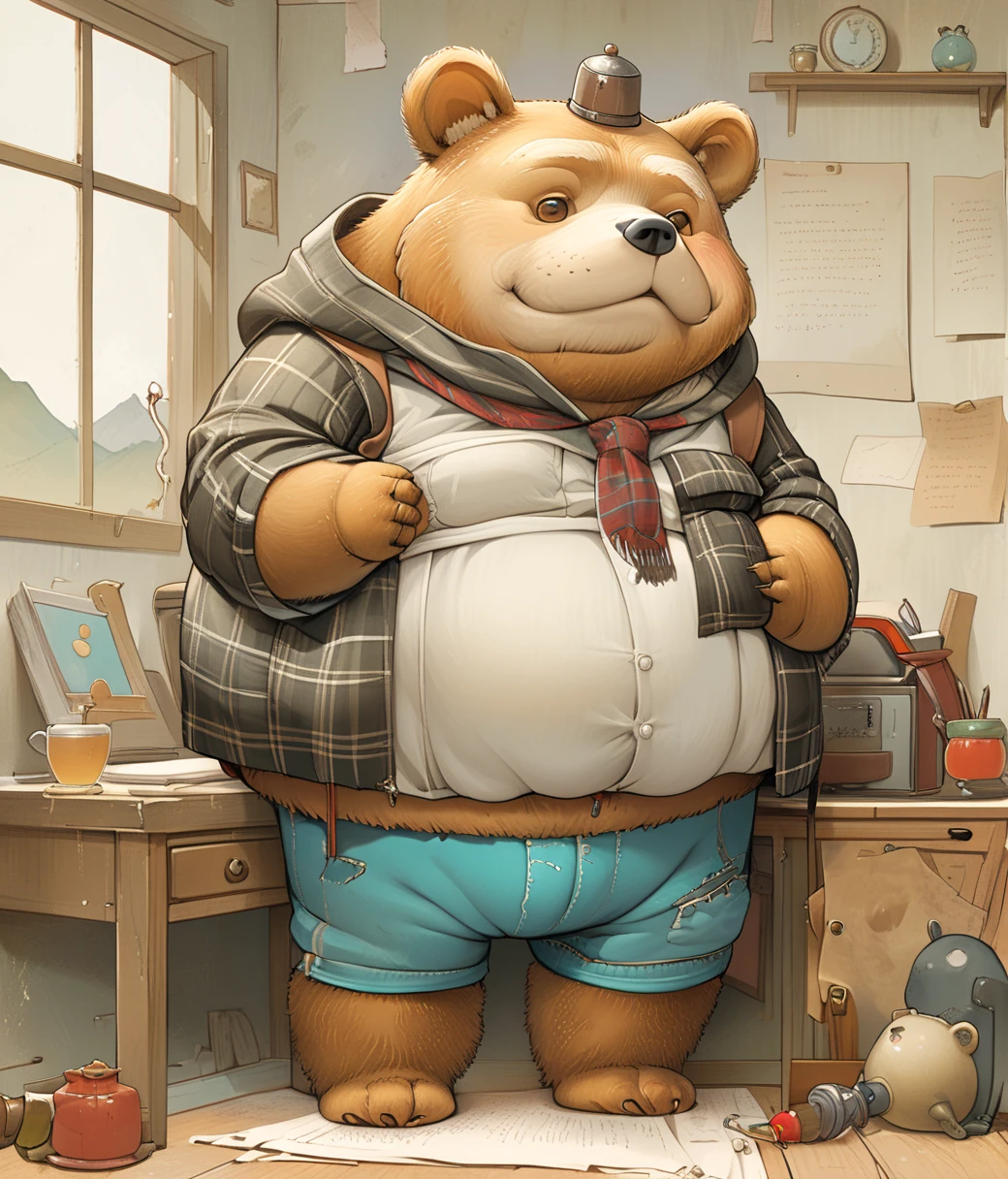 style of Kestutis Kasparavicius, (cute, fat, obese, anthro, male, bear), solo, full body, fur, ((cyan underwear)), mountain, dynamic pose, hires textures, highly detailed, intricate details, best quality, masterpiece