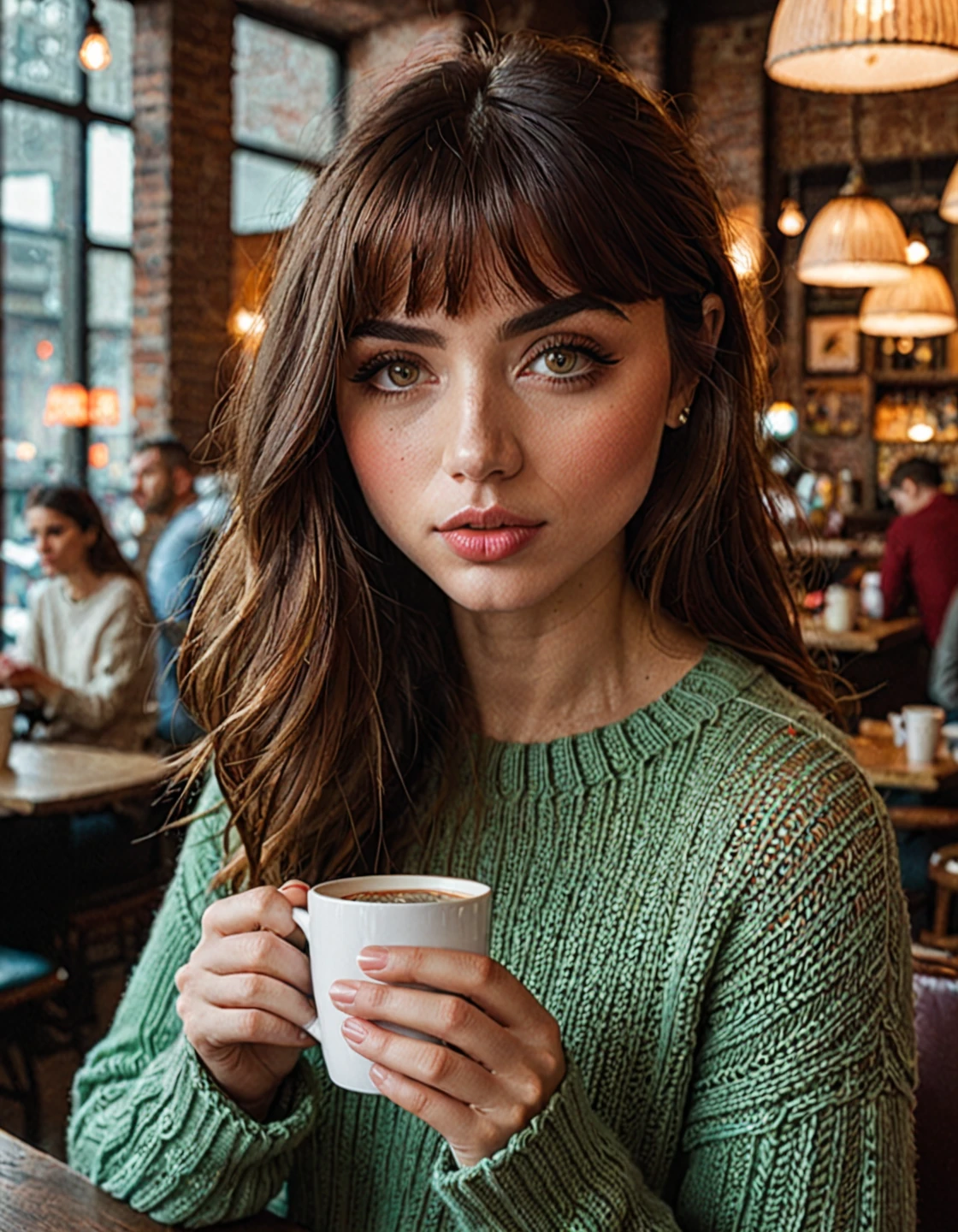  a j0i woman, 20 years old, Красивые  detailed eyes,  beautiful lips in detail , чрезвычайно  detailed face,  long lashes, girl with bangs,  cozy coffee shop interior , a woman is sitting at a table, holding a cup of coffee, In a sweater and jeans,  better quality ,4K,8 thousand., high definition,masterpiece:1.2),  overdetailed ,(  realistic ,photo  realistic ,photo-  realistic :1.37), detailed face,  detailed eyes,detailed lips,beautiful  detailed face,  with beautiful detailed skin  ,beautiful  detailed eyes,beautiful detailed lips,  long lashes ,  soft lighting ,warm tones,  cinematic lighting ,  contrasting light  ,Very detailed,photo  realistic ,concept art,  studio lighting