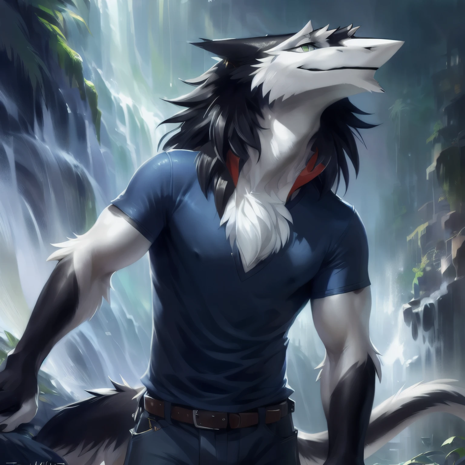 ((masterpiece, best quality):1.0), anthro (male sergal:1.2), blue shirt, close-up, claws, black:white fur, chest tuft, clothed, simple background, digital sketch, vibrant, gloomy, dynamic light, ((by pino daeni, greg rutkowski, thomas kinkade):1.0), 