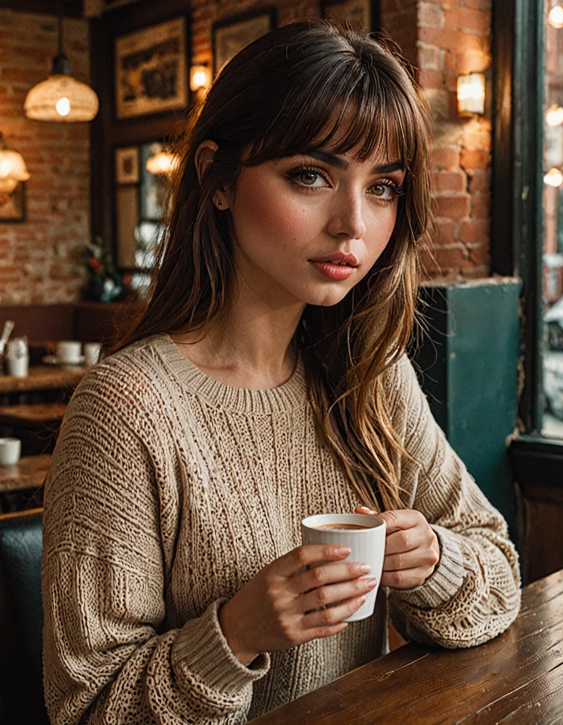  a j0i woman, 20 years old, Красивые  detailed eyes,  beautiful lips in detail , чрезвычайно  detailed face,  long lashes, girl with bangs, минимум макияжа, cozy coffee shop interior , a woman is sitting at a table, holding a cup of coffee, In a sweater and jeans,  better quality ,4K,8 thousand., high definition,masterpiece:1.2),  overdetailed ,(  realistic ,photo  realistic ,photo-  realistic :1.37), detailed face,  detailed eyes,detailed lips,beautiful  detailed face,  with beautiful detailed skin  ,beautiful  detailed eyes,beautiful detailed lips,  long lashes ,  soft lighting ,warm tones,  cinematic lighting ,  contrasting light  ,Very detailed,photo  realistic ,concept art,  studio lighting