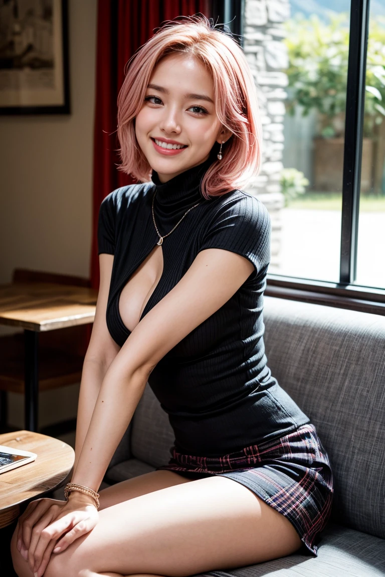 Black stockings, large aperture f1.2, blurry, classroom, blurred background, masterpiece, 1 girl, waist up, faint smile, shiny skin, best quality, (realistic: 1.4), school uniform, pleated skirt, background blur, focal length on person, (large aperture: 1.2), pink hair, necklace, earrings, classroom, school, night