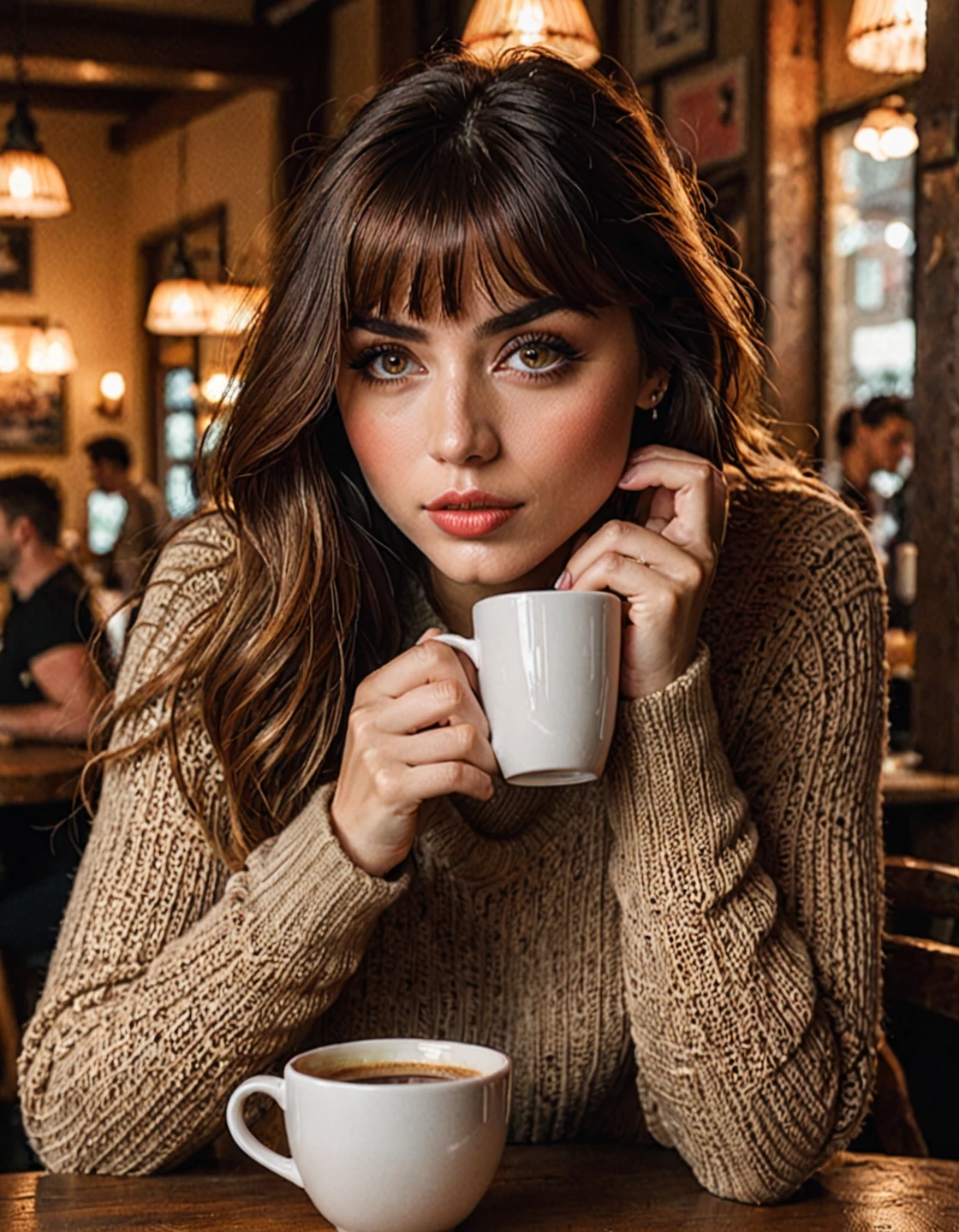  a j0i woman, 20 years old, Красивые  detailed eyes,  beautiful lips in detail , чрезвычайно  detailed face,  long lashes, girl with bangs, минимум макияжа, cozy coffee shop interior , a woman is sitting at a table, holding a cup of coffee, In a sweater and jeans,  better quality ,4K,8 thousand., high definition,masterpiece:1.2),  overdetailed ,(  realistic ,photo  realistic ,photo-  realistic :1.37), detailed face,  detailed eyes,detailed lips,beautiful  detailed face,  with beautiful detailed skin  ,beautiful  detailed eyes,beautiful detailed lips,  long lashes ,  soft lighting ,warm tones,  cinematic lighting ,  contrasting light  ,Very detailed,photo  realistic ,concept art,  studio lighting