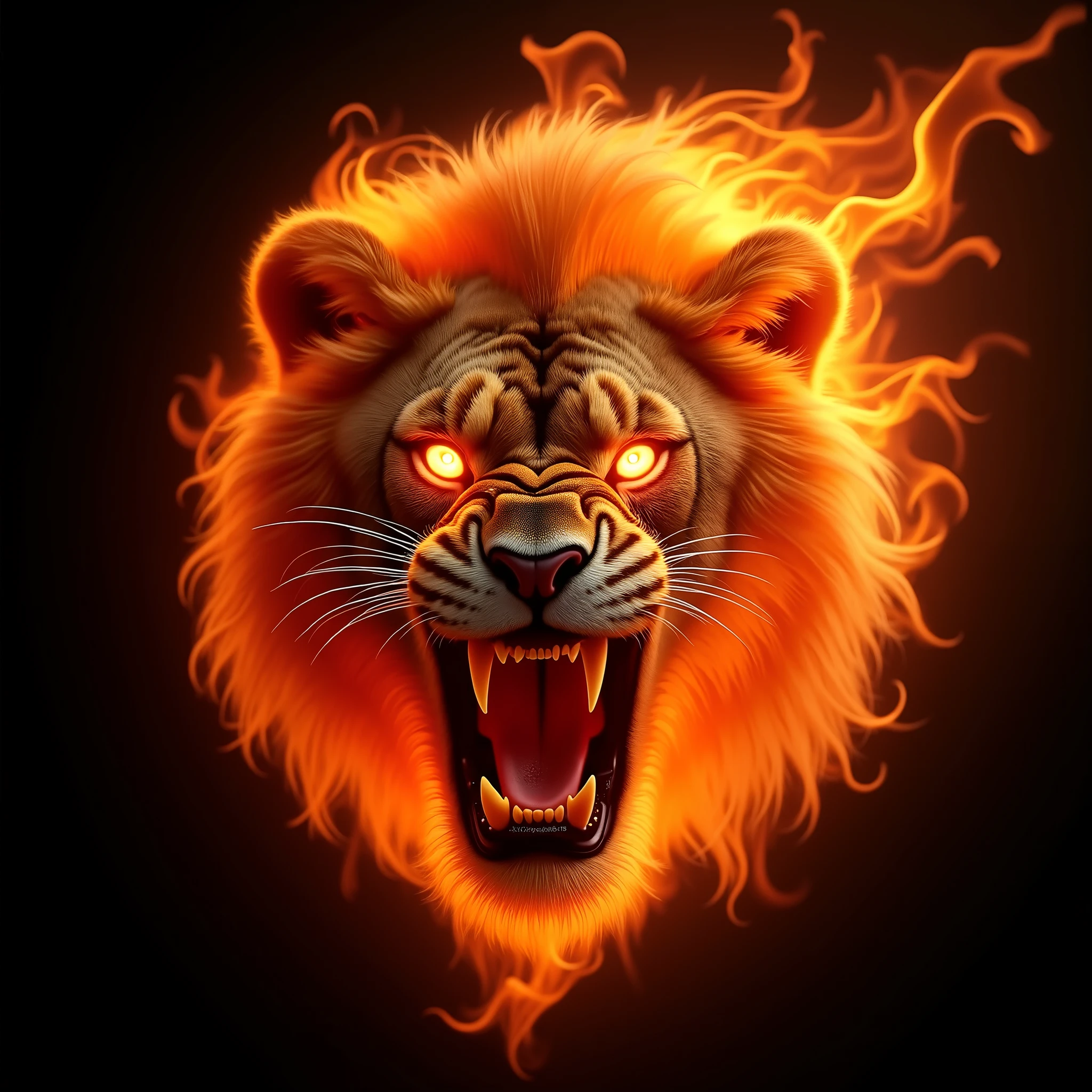 roaring lion face designed from bright fire flame black background 