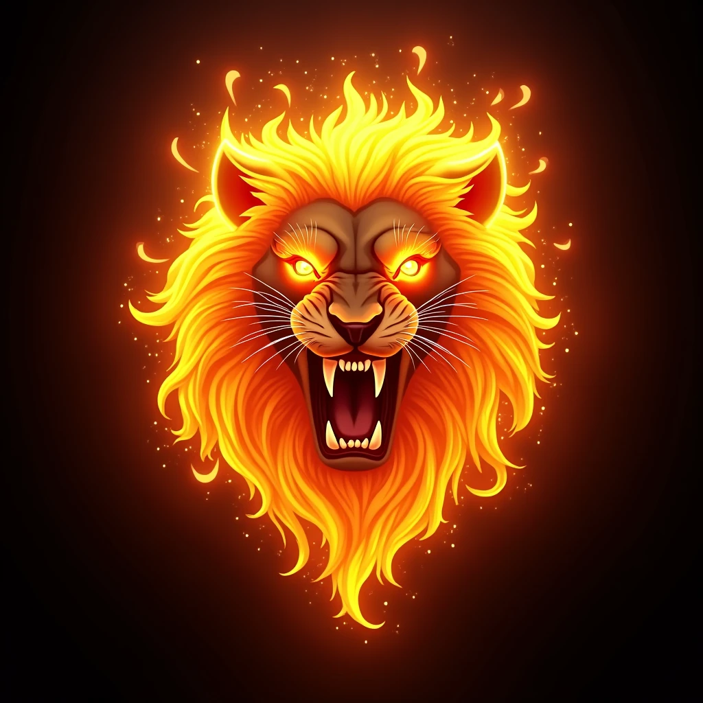 roaring lion face designed from bright fire flame black background 