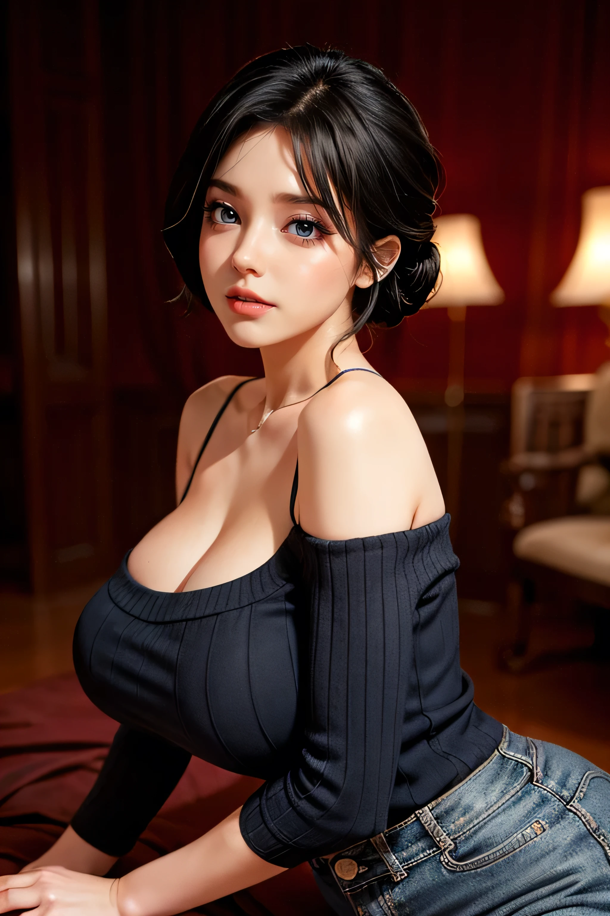 (best quality, ultra-detailed, photorealistic: 1.39), Face of naughty 35 year old teenager, Girl in love with huge breasts, bright and vibrant colors, studio lighting, beautiful detailed red off-shoulder sweater:1.2 , sensual white mini skirt, elegant makeup,lips bright, sexy pose, beautiful roses, smiling confidently and seductively, posing for a professional photo shoot, shallow depth of field, soft natural lighting, creating a dreamy and magical atmosphere. In the clothing store, beautiful store
