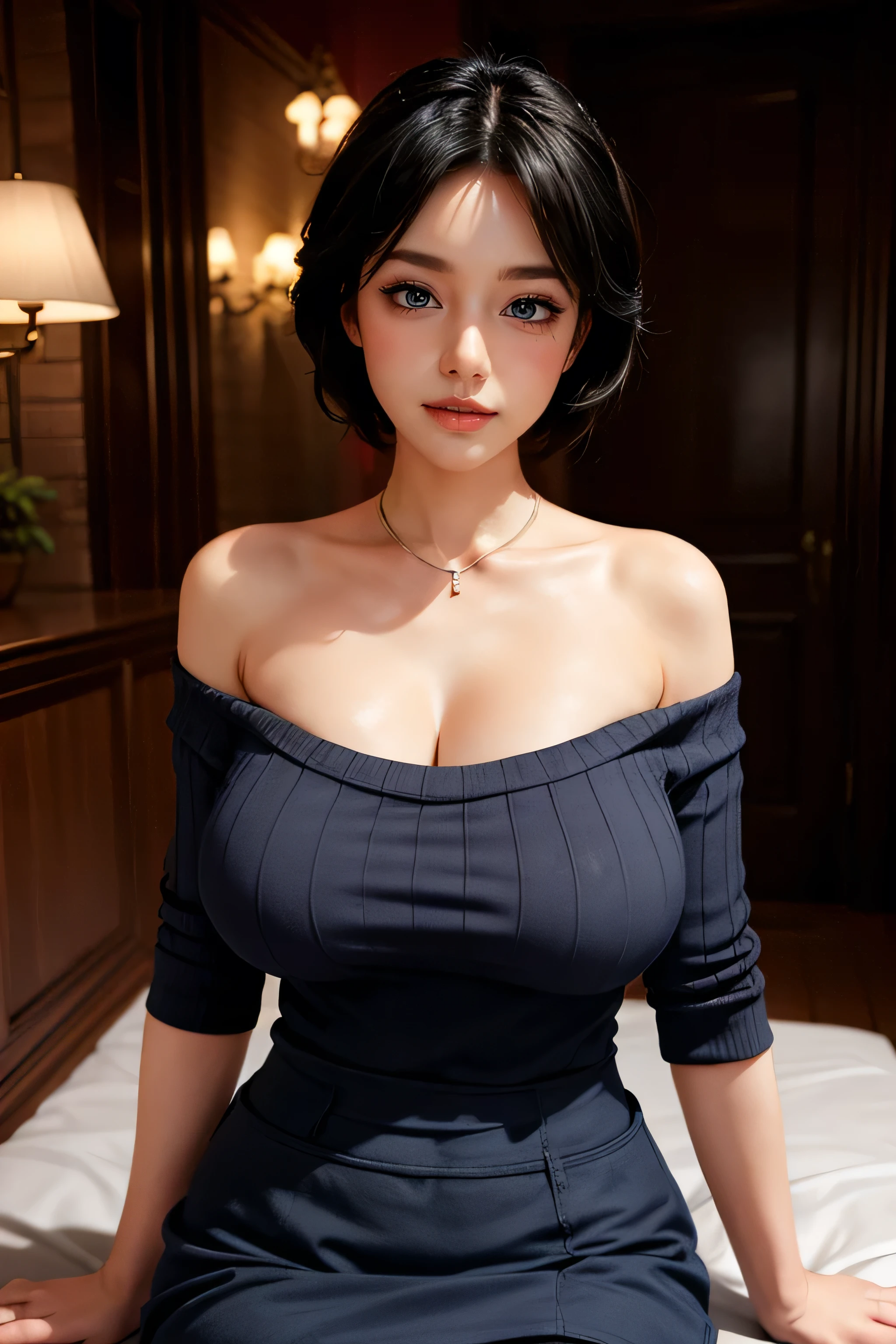 (best quality, ultra-detailed, photorealistic: 1.39), Face of naughty 35 year old teenager, Girl in love with huge breasts, bright and vibrant colors, studio lighting, beautiful detailed red off-shoulder sweater:1.2 , sensual white mini skirt, elegant makeup,lips bright, sexy pose, beautiful roses, smiling confidently and seductively, posing for a professional photo shoot, shallow depth of field, soft natural lighting, creating a dreamy and magical atmosphere. In the clothing store, beautiful store
