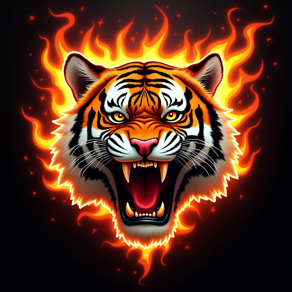 roaring tiger face designed from bright fire flame black background 