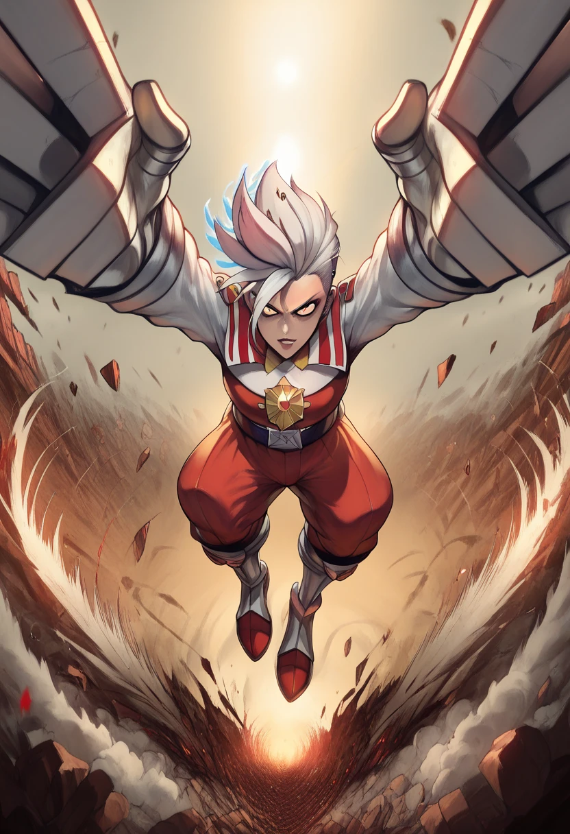 photorealistic, detailed flying hair, urbanpunk, more colorful, photography from behind, seductive woman fighting at war, posing holding a big automatic gun, body is adorned with glowing golden runes, intense blue aura around him, wearing light gundam black and red armor, short white hair is blowing in the wind, fighting at war, raging, trending on artstation, extreme details, cinematic, shiny, surreal, divine, celestial, manga, anime, intricate details, very detailed and intricate armor, octane render, dynamic epic action pose, dynamic angle, cinematic lighting, 4k, hyperrealistic, focused, high details, unreal engine 5, cinematic, sharp focus, hard surface, colorful shot, stormy weather, tons of flying debris around her, dark city background, modifier="CarnageStyle", color=blood_red, intensity=1.6