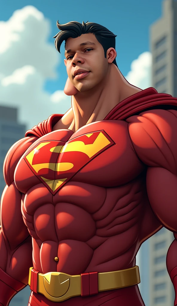 The Big show as a bodybuilder with enormous muscles, wide huge pectorals dressed as a superman, hairy chest, full body, abnormal, oversizing crotch bulging crotch,