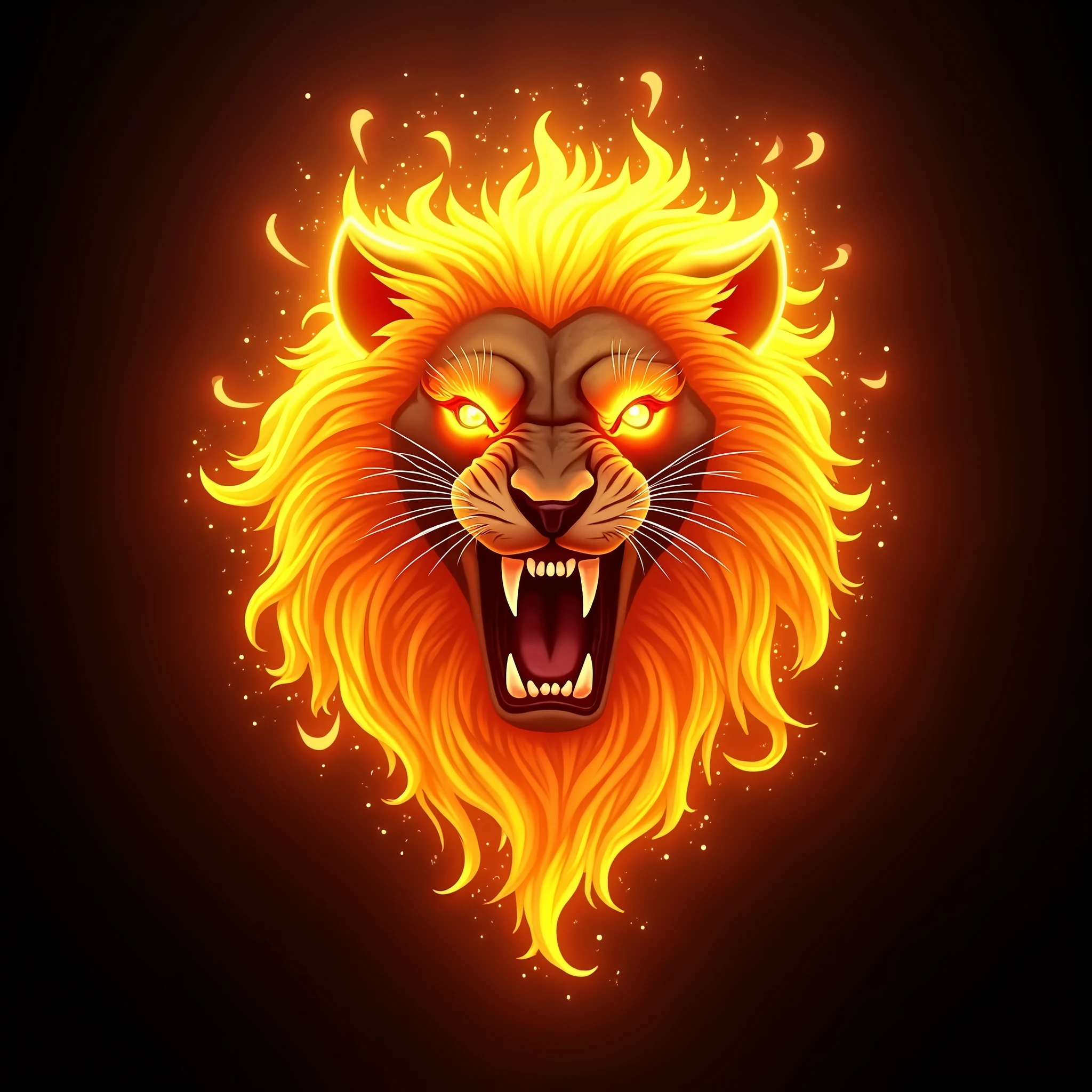 roaring lion face designed from bright fire flame black background 