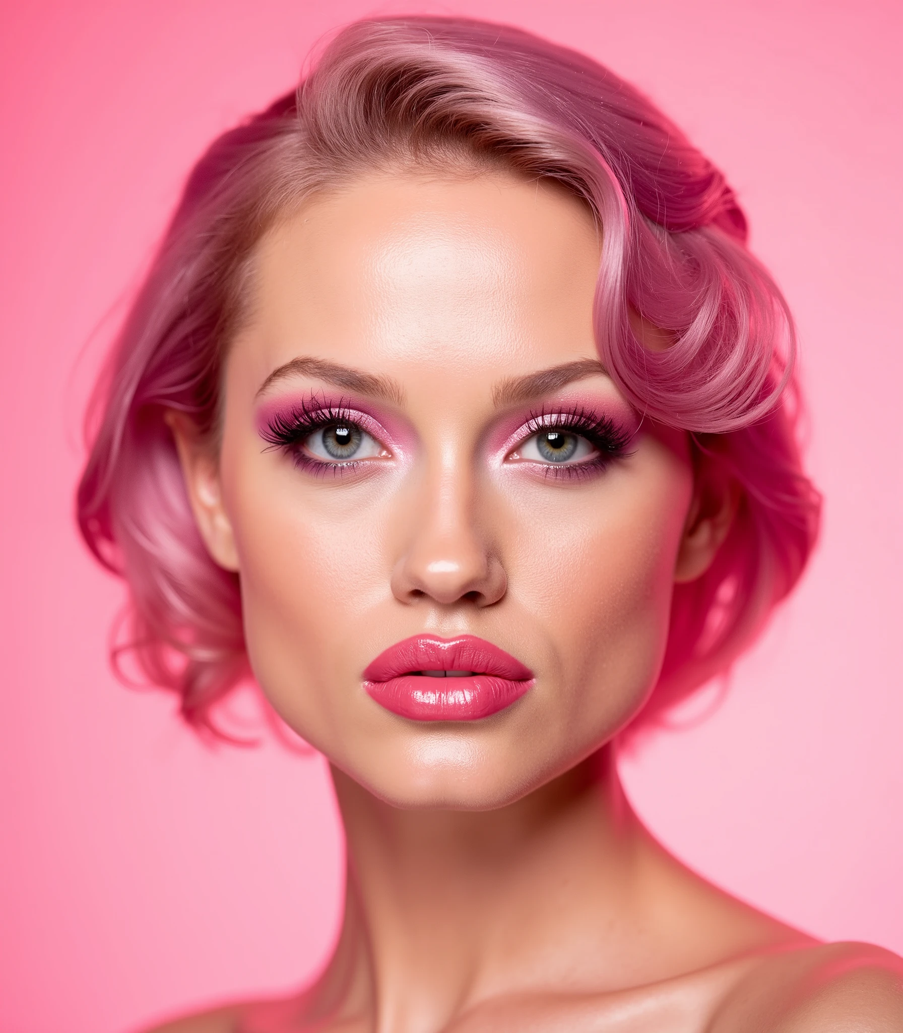 A high-resolution portrait of a beautiful young woman with short, wavy pastel pink hair styled in soft, voluminous waves. Her makeup is bold and vibrant, featuring striking hot pink eyeshadow that transitions smoothly across her eyelids, paired with dramatic, long lashes and perfectly arched, defined eyebrows. Her blue eyes are vivid and captivating, framed by the playful contrast of her makeup. She has big, plump lips reminiscent of Angelina Jolie, with a pronounced crease down the middle, coated in bright pink glossy lipstick that highlights their luscious, full appearance.

Her face is shiny and wet. The droplets catch the light, creating a soft shimmer across her flawless skin, lips, and chin, adding a playful and slightly humorous touch. The background remains a seamless pink gradient, complementing the overall feminine, vibrant, and modern aesthetic. The lighting is soft and even, accentuating her glowing complexion and the reflective sheen of the mist while maintaining a cheeky yet glamorous tone.