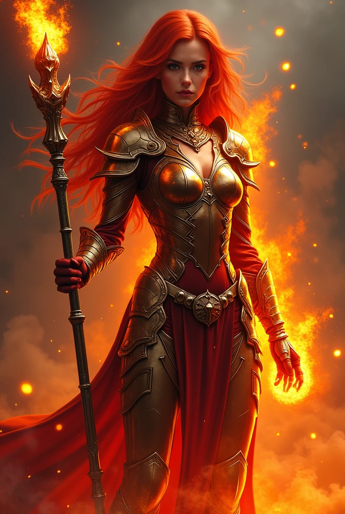 high resolution、Ultra-dense、beautiful、digital art、 goddess of fire, Fire Queen, appears as the goddess of fire, hot goddess of fire, fire magician, goddess of fire, fire address,Delicate dresses、 Red-haired queen wearing heavy red armor, epic fantasy art style hd, she has fire powers, 4k fantasy art, epic fantasy art style