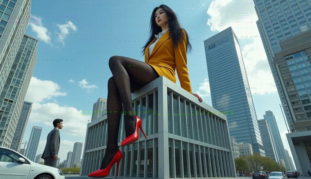 (photorealism:1.2), giant, giantess art, Sky View, giantess, Have a pair of ultra long legs, crushing a with heels skyscraper ,many people in street, a pair of huge breasts, curvy, dark grey pinstriped suit,white tailored shirt, massive red tie, Has ginger waist-length hair,Wearing a pair of platform heels, leaning over tie hanging down, massive tie larger than a skyscraper, A look of enjoyment, Beautiful appearance,very small metropolis, Trying to destroy a miniature metropolis, Full body depiction, nffsw, Giga Giants, Exquisite makeup,quality, Cinema lighting,film grain,8k,textured skin,Super details,high detail,high quality,high resolution, smile