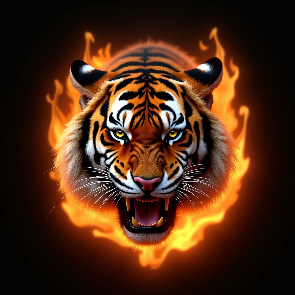 real roaring tiger face designed from bright fire flame black background 