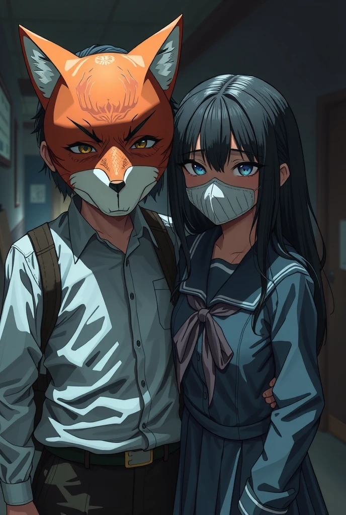 Boy hiding his face in the mask of a fox　 black hair　 school uniform　girl wearing mask　duo　Both of them don't understand faces　